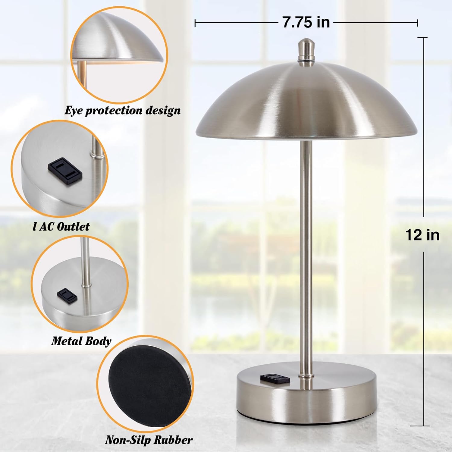 Moderna lámpara de escritorio con adaptador de CA, lámpara de lectura táctil regulable de 3 vías, lámpara de mesa pequeña plateada minimalista con