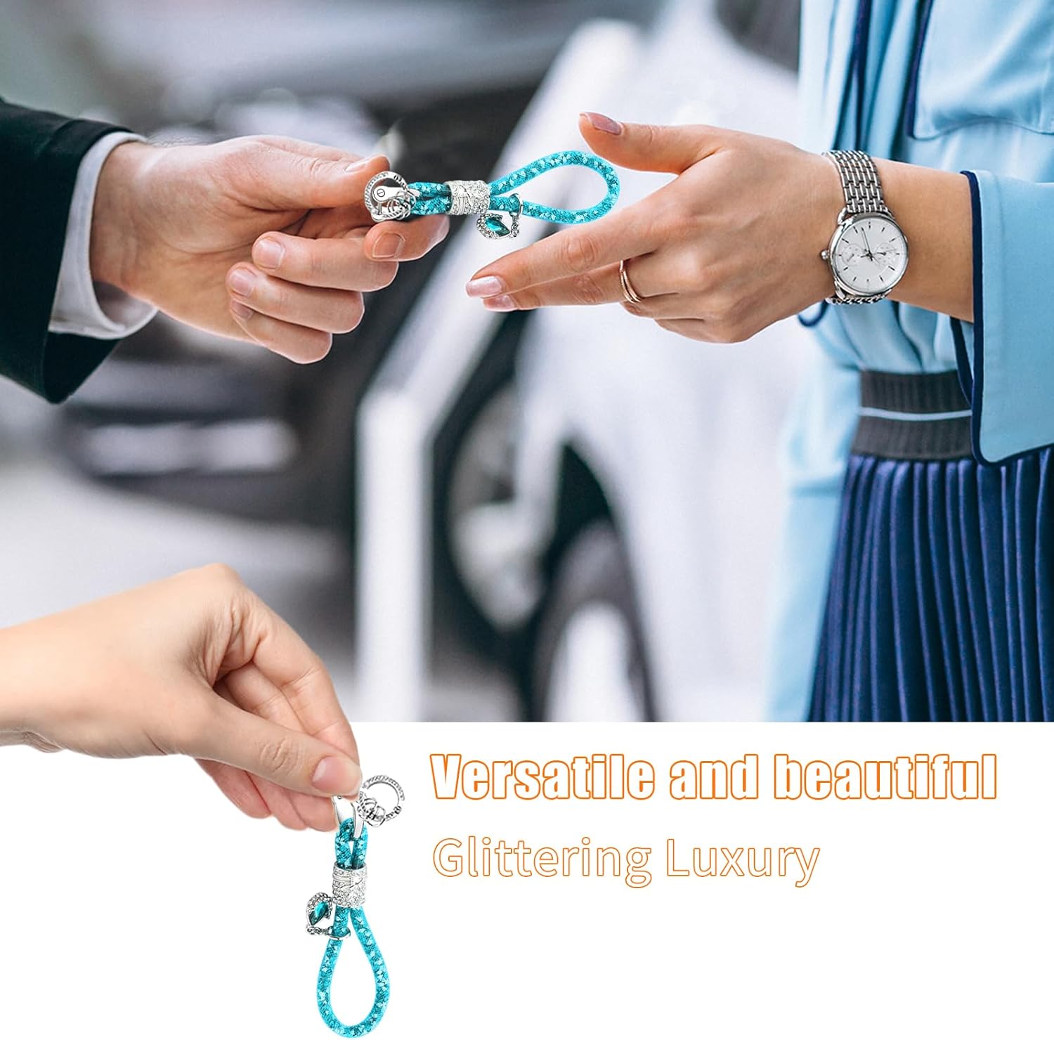 Llavero brillante para automóvil, correa con anillo en D, accesorios de decoración de llaves de vehículo para mujeres y niñas (azul claro)