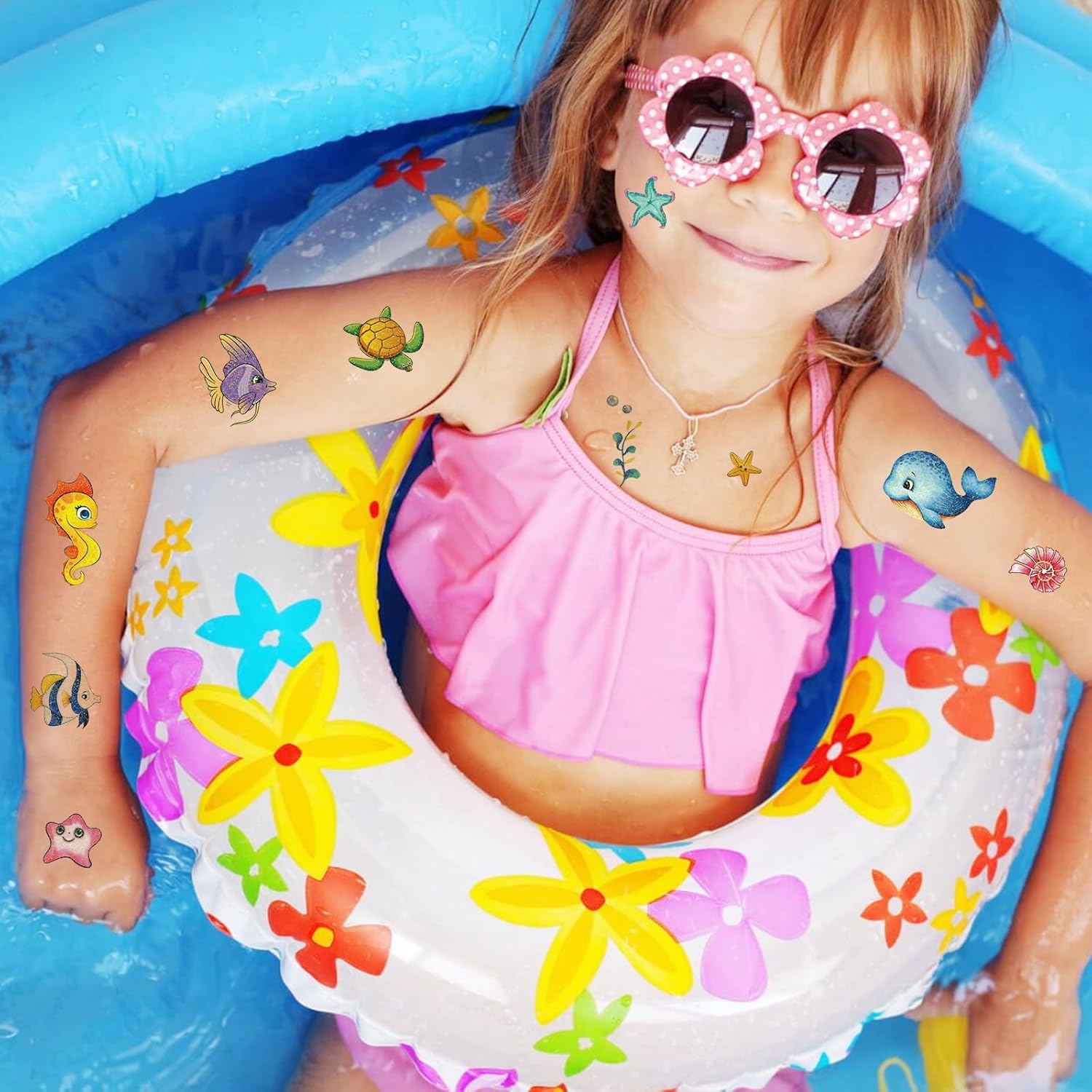 Konsait Más de 120 tatuajes temporales del océano, tatuajes con purpurina bajo el mar para niños y adultos, tatuajes de peces de vida marina,