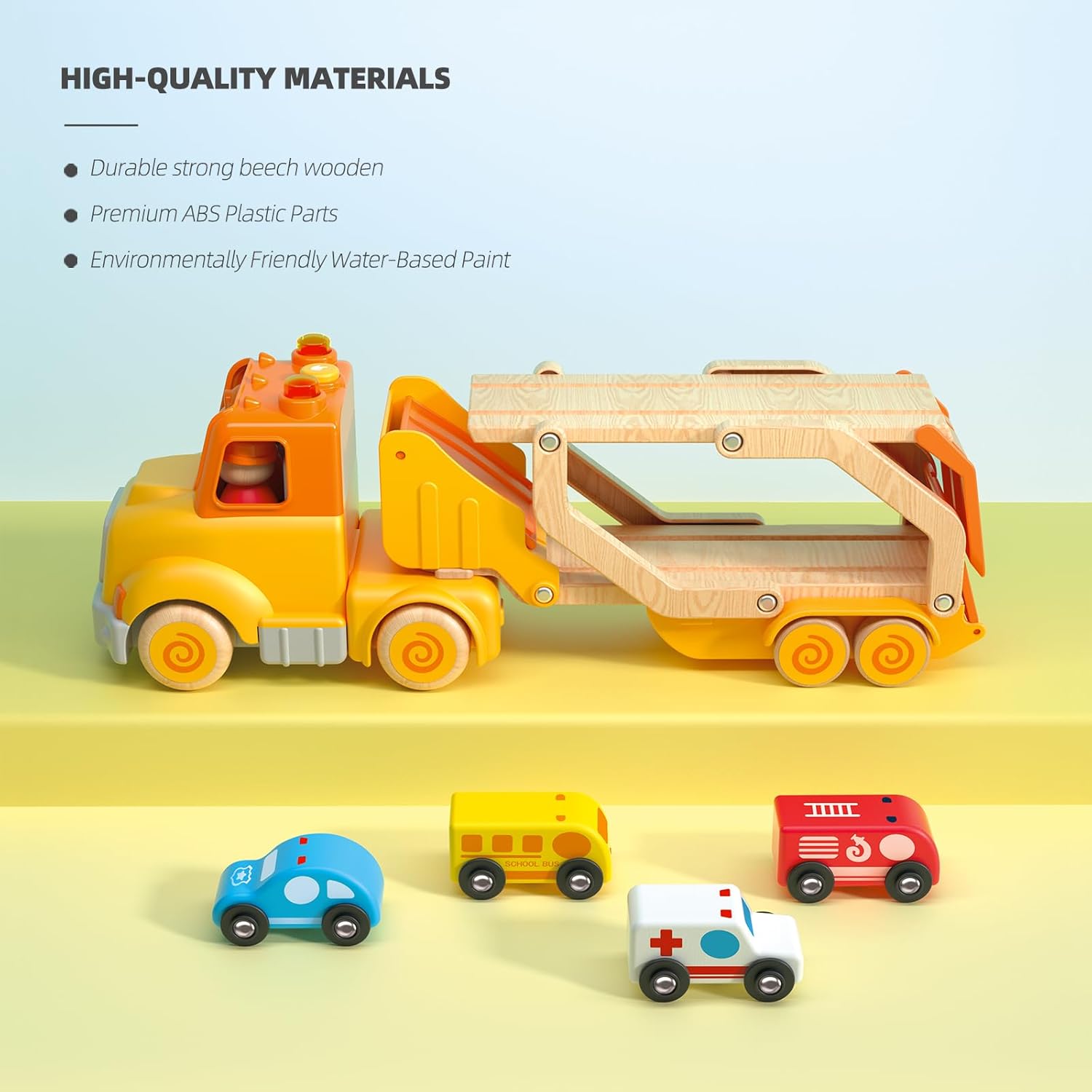Camión transportador de coche de juguete con vehículos de madera, remolque de pista, luces y sonidos, regalo para niños de 2 a 5 años