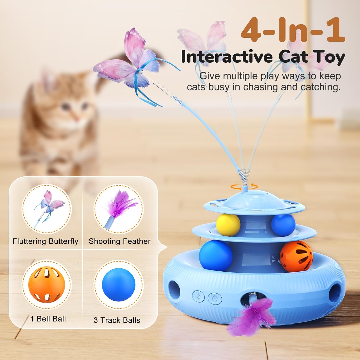 AIDIAM Juguetes para gatos, juguete interactivo automático recargable 4 en 1 con mariposa aleteante, pluma de emboscada móvil aleatoria, bolas de