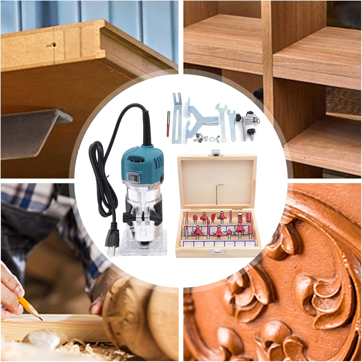 Herramienta de enrutador de madera, enrutador compacto con 6 velocidades variables, 15 brocas de enrutador de madera, herramientas de carpintería