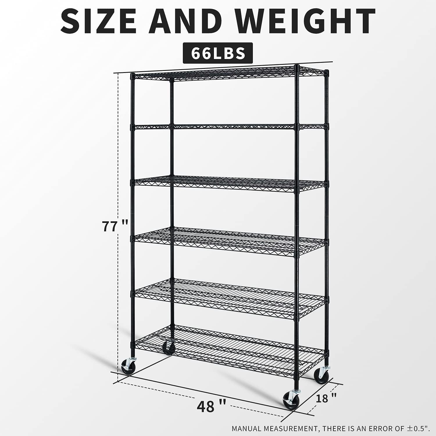 Estantería de garaje, estantes de metal de 78 x 48 x 18 pulgadas, estantería de alambre de 6 niveles, ajustable, resistente, de acero, con ruedas