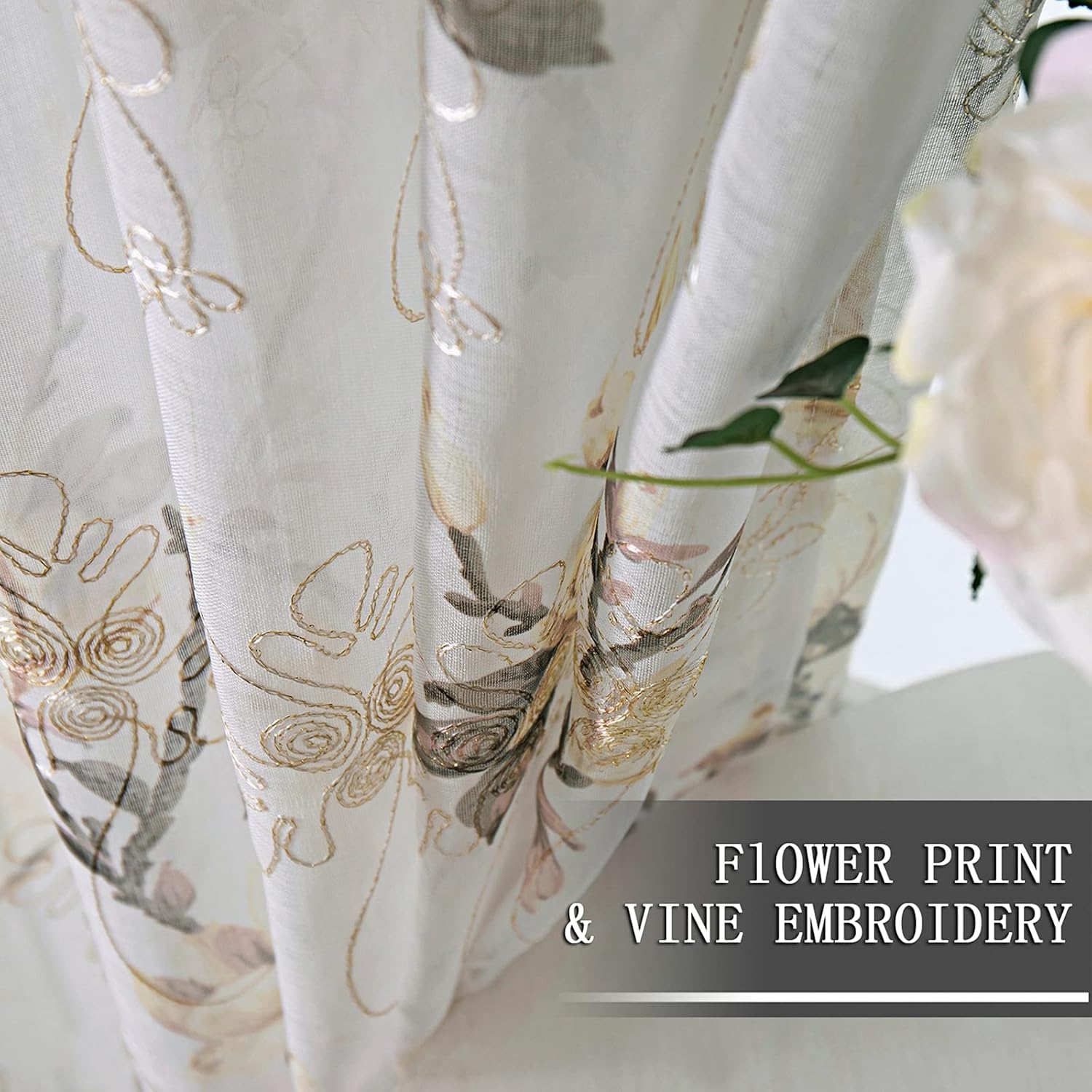 Tollpiz – Cortinas de gasa con estampado de flores y bordado de enredadera, con bolsa para barra, cortinas Voile para ventana, para sala de estar,