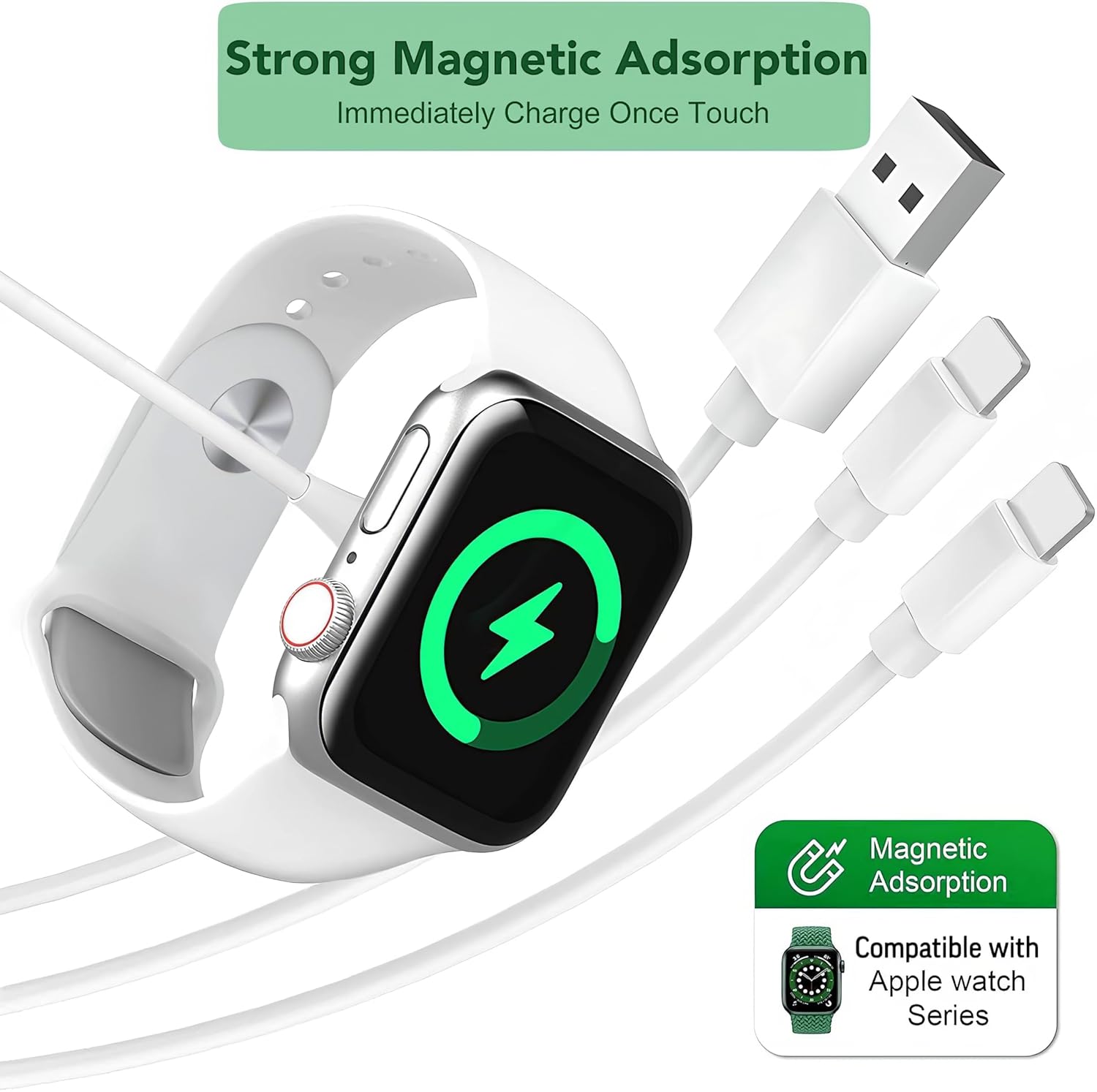 Cable de carga 3 en 1 para teléfono y Apple Watch, cable de carga USB compatible con iWatch Series 9 8 7 6 5 4 3 2 1 SE1 SE2 Ultra 2, iPhone