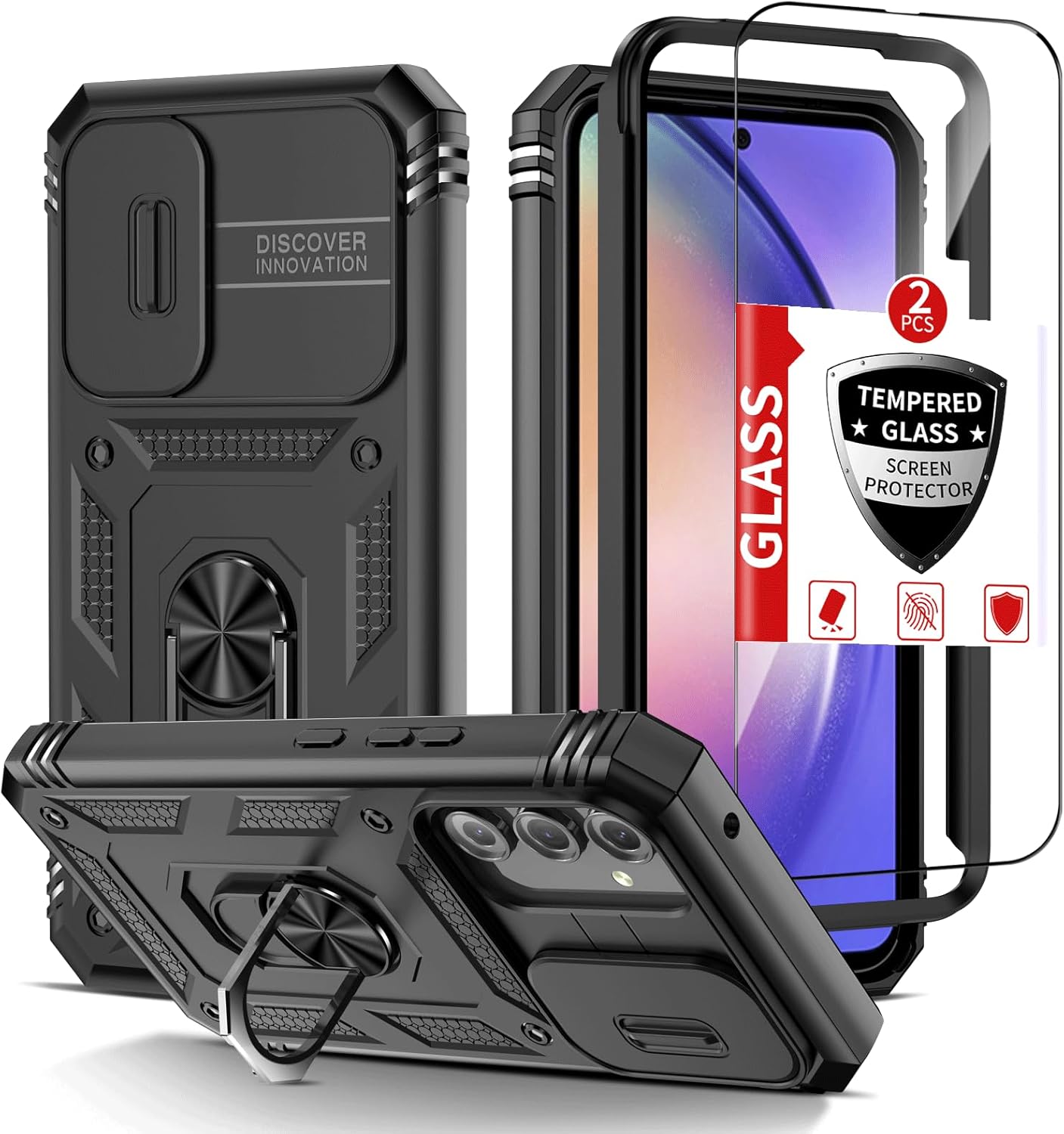 IYTRRYH Funda para Samsung Galaxy A54 5G con 2 protectores de pantalla de vidrio templado, con anillo magnético y cubierta de cámara a prueba de