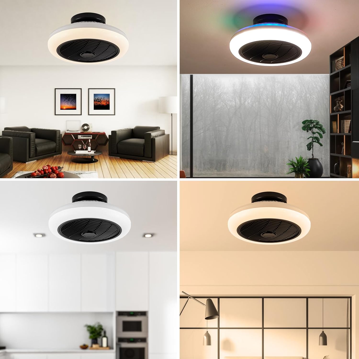 Ventilador de techo de perfil bajo de 17.7 pulgadas con luz, ventiladores de techo LED RGB regulables, moderna luz ambiental LED-RGB sin aspas para