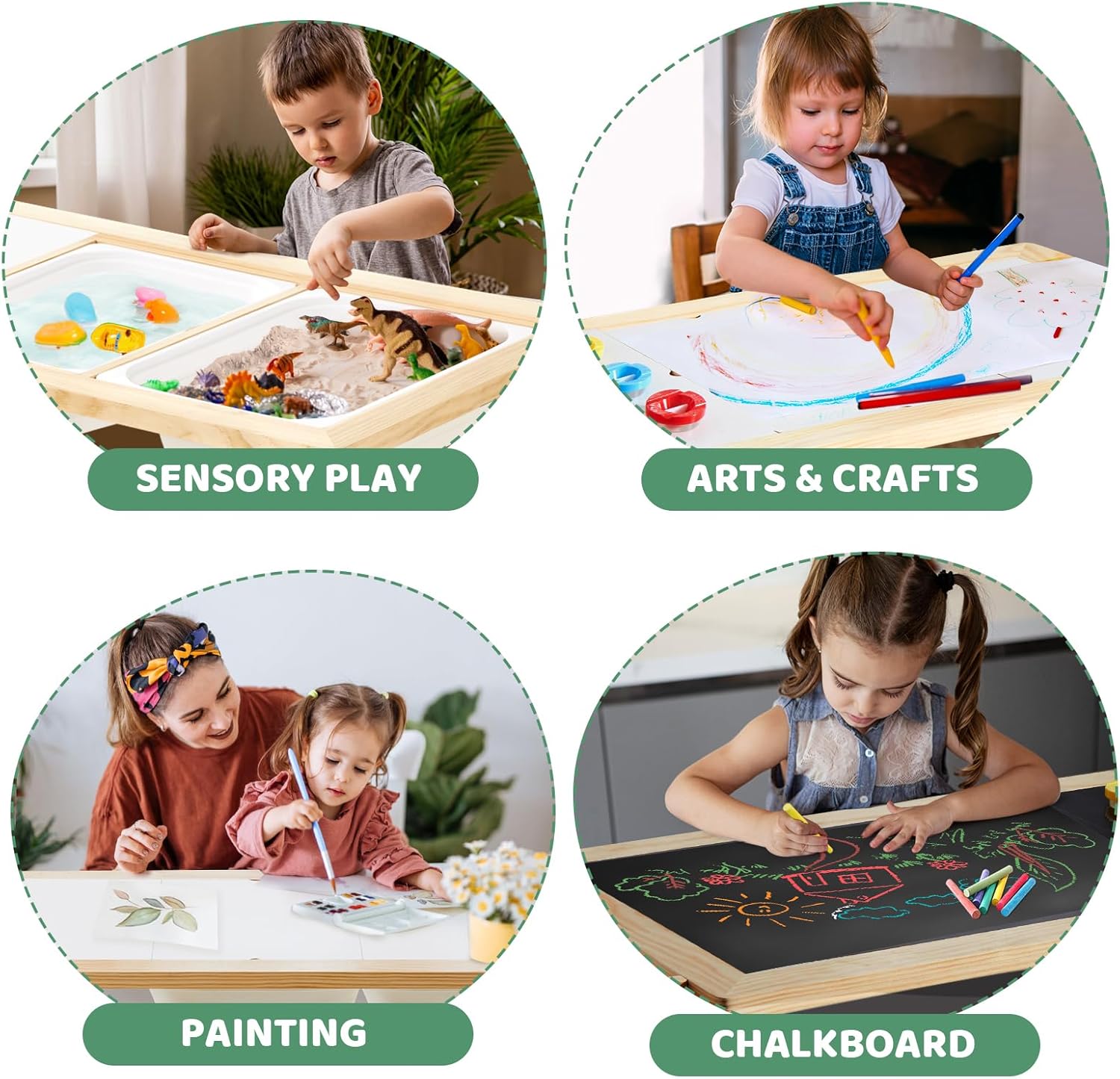 Beright Mesa infantil 5 en 1, mesa sensorial para interiores de arena de juego, mesa de dibujo para niños con rollo de papel y vasos de pintura, no