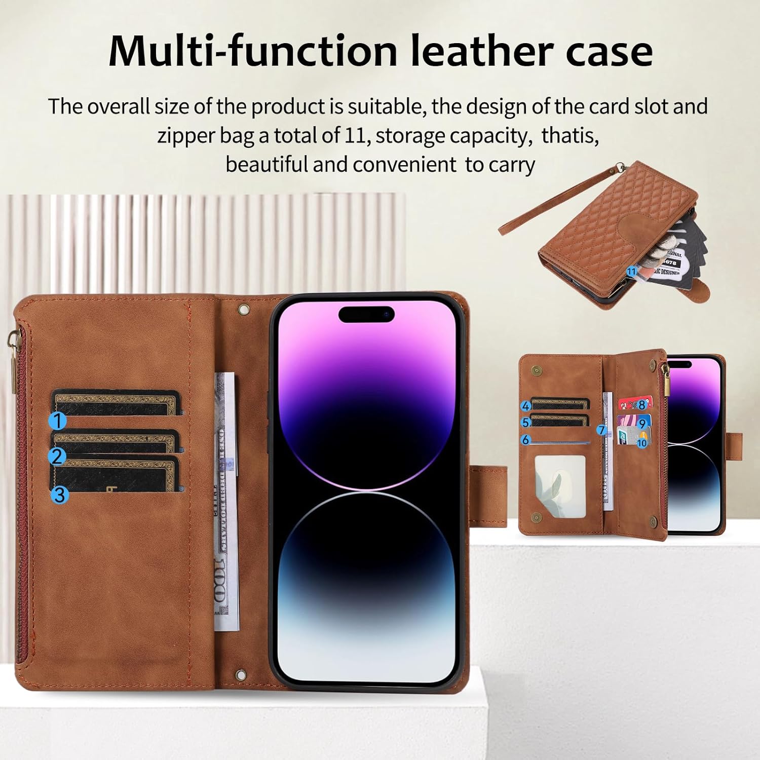 Asuwish Funda compatible con iPhone 15 Pro de 6.1 pulgadas, protector de pantalla, correa de muñeca cruzada, tarjetero con cremallera, funda para