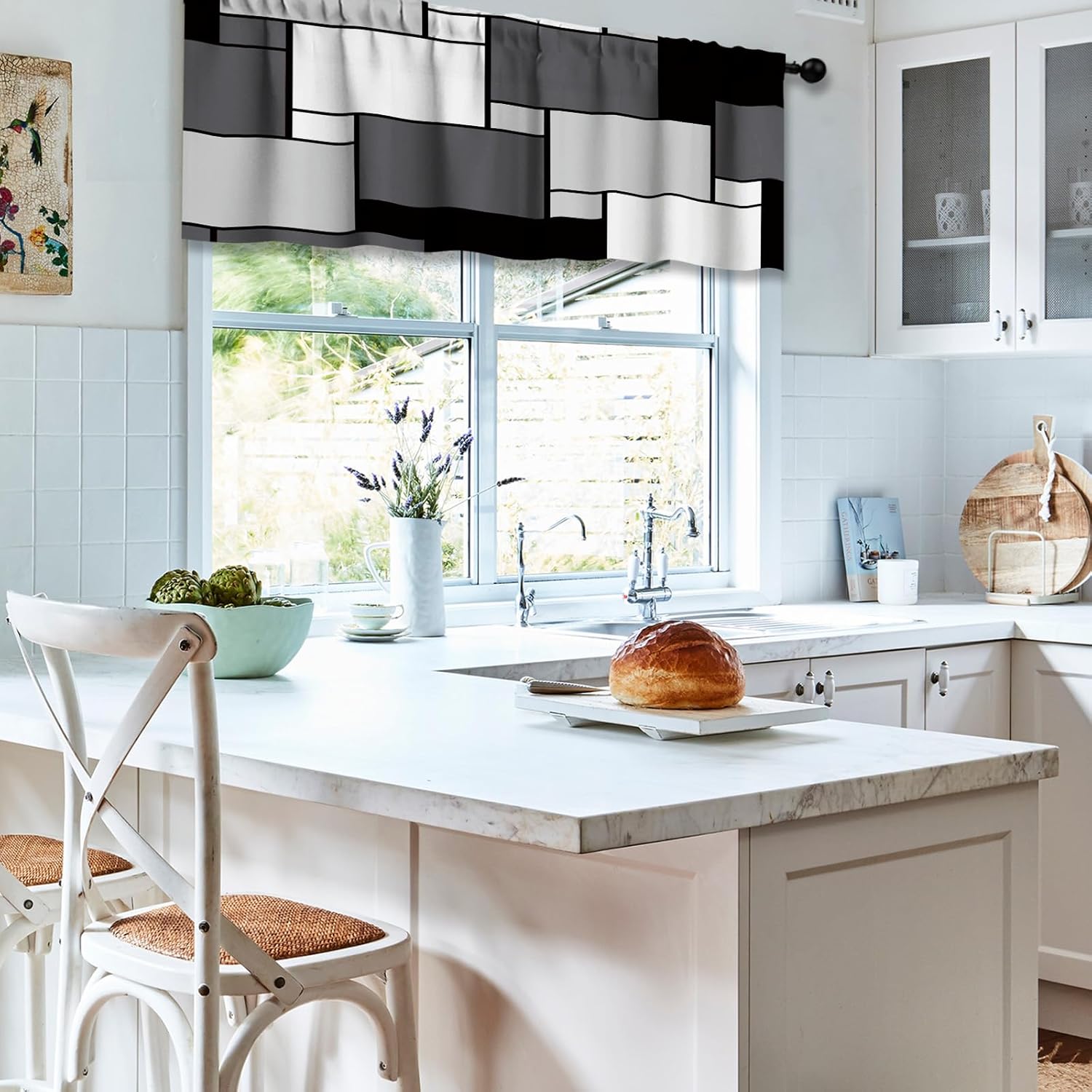 FYATHM Juego de 3 cortinas de cocina color negro y gris para ventanas, cenefa y juego de niveles de 36 pulgadas, moderno con bolsillo para barra,