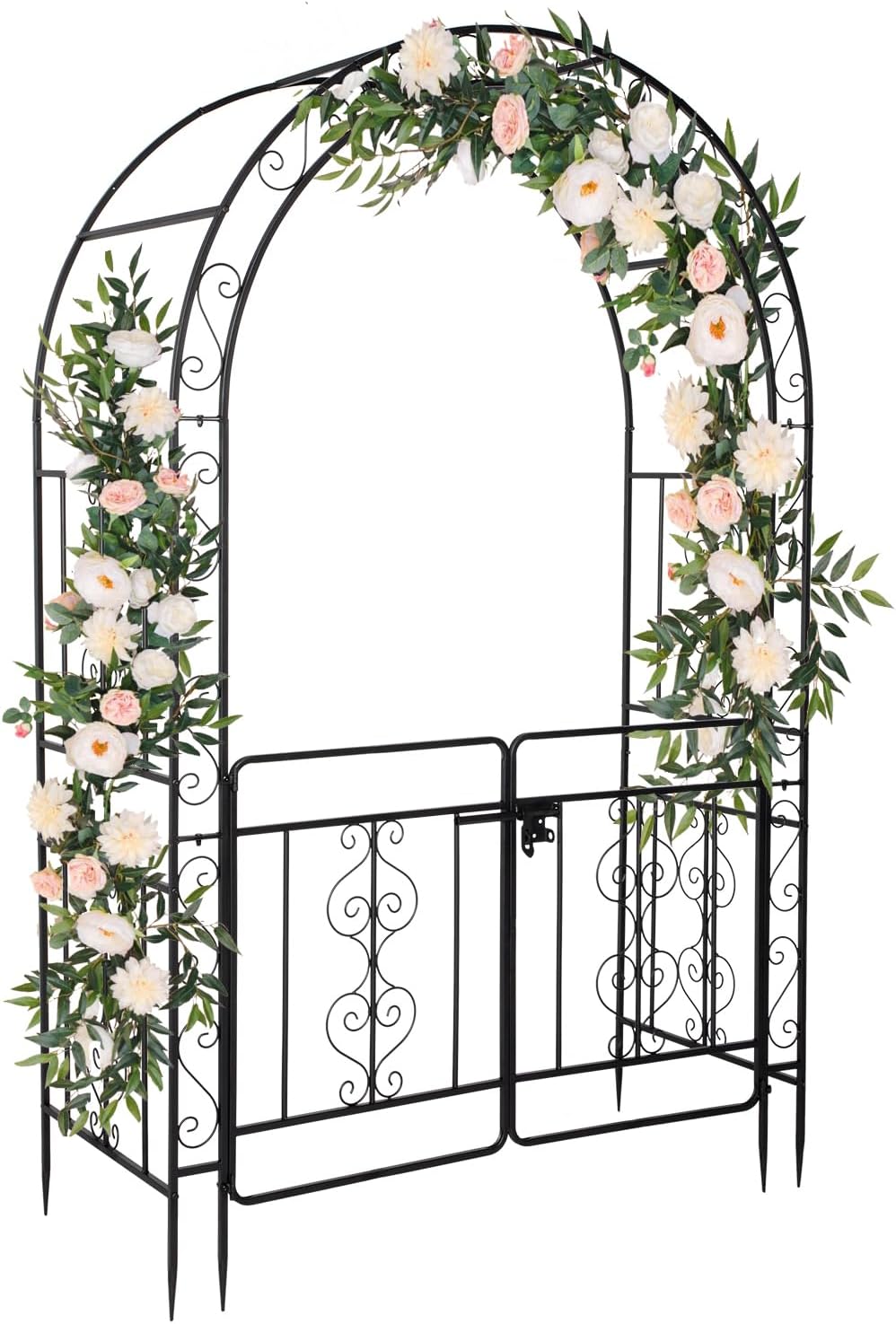 Outvita Cenador de arco de jardín de 7 pies con puerta de entrada, arco de cenador de metal resistente, marco decorativo enrejado con estacas de