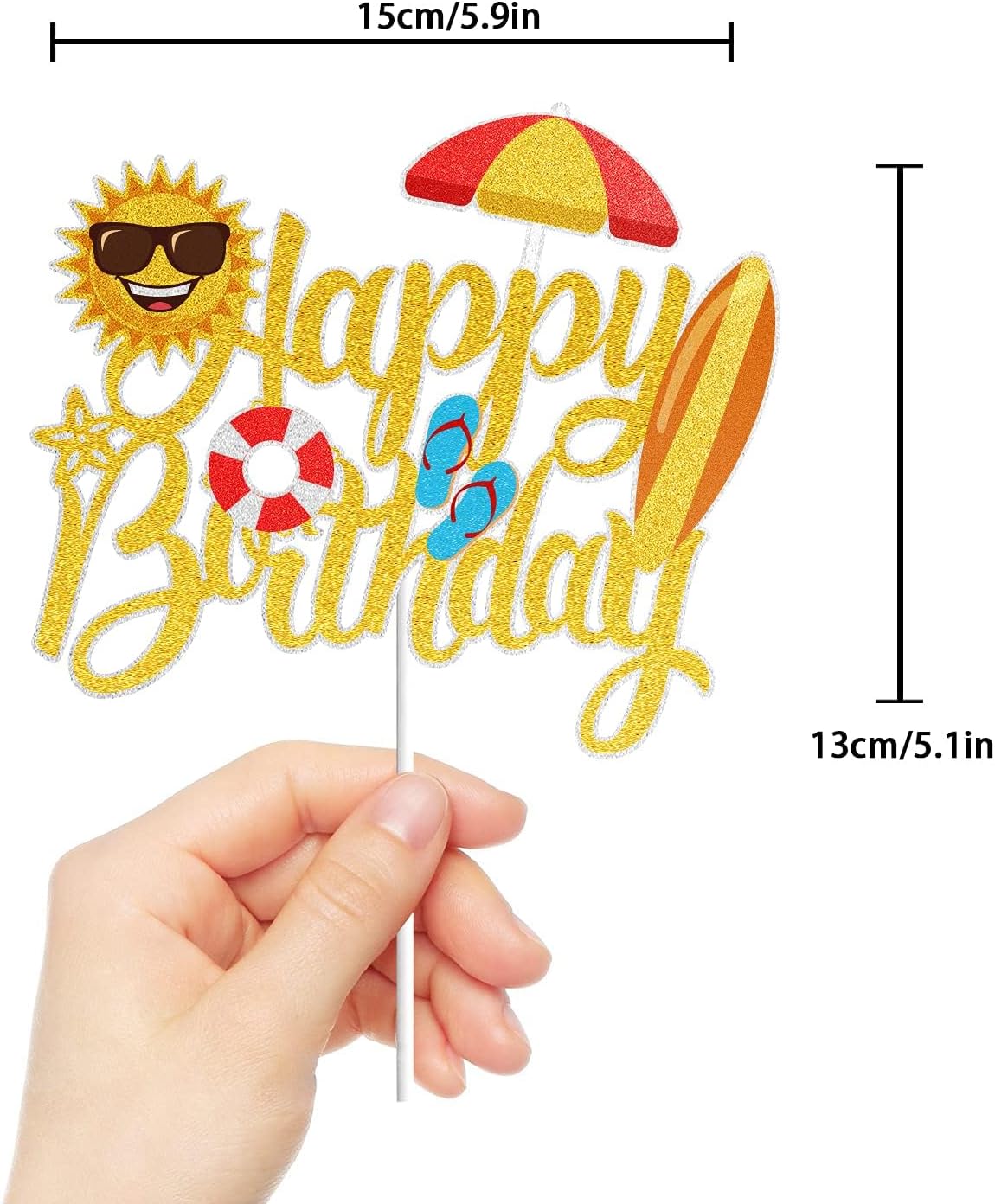 Decoración para tarta de cumpleaños con purpurina dorada para verano, playa, piscina, surf, fiesta, decoración de verano, vacaciones, cumpleaños,