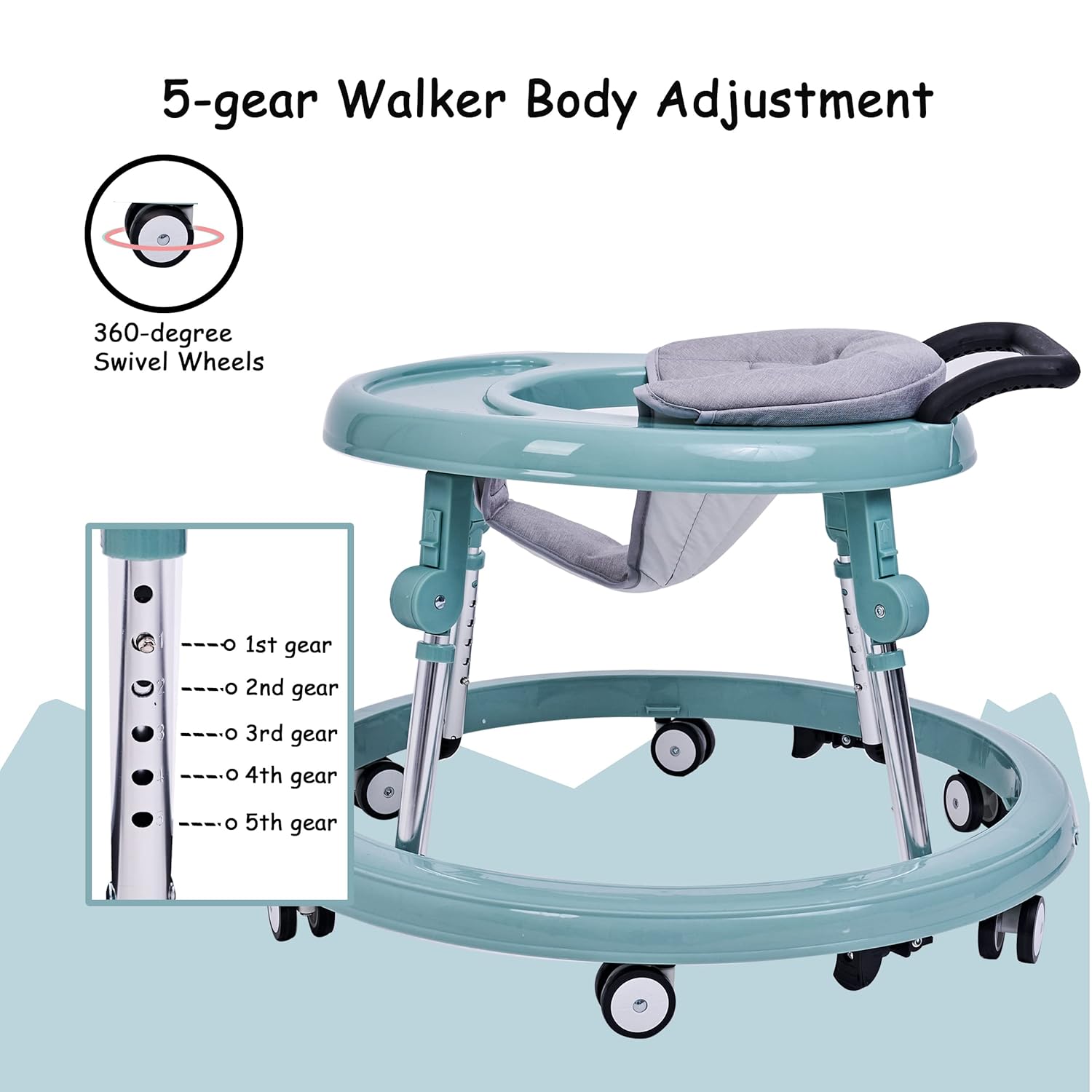 Andador plegable para bebés, centro de actividades sentado a pie con ruedas, asiento y altura ajustable, color rosa