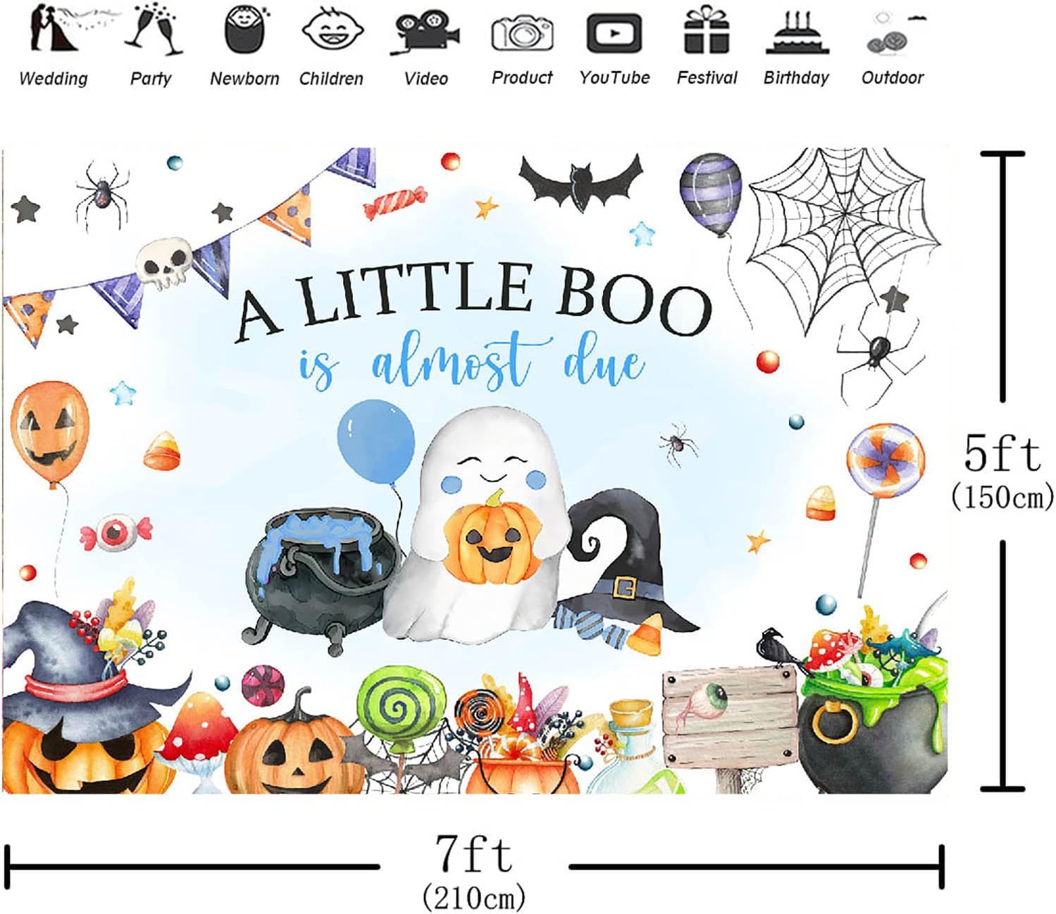 Blue A Little Boo – Telón de fondo para baby shower para niños, Halloween, calabaza, baby shower, fantasma, Halloween, baby shower, decoraciones de