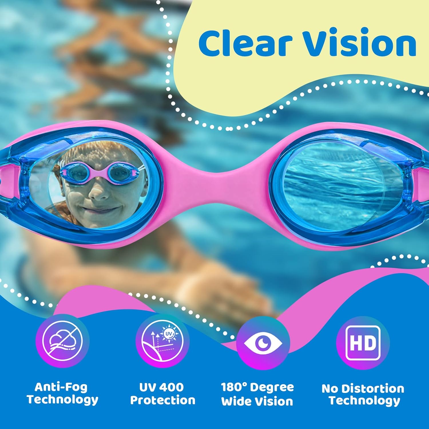 Vvinca Gafas de natación para niños con correa elástica, sin fugas, antiniebla, con ajuste rápido de 3 a 14 años