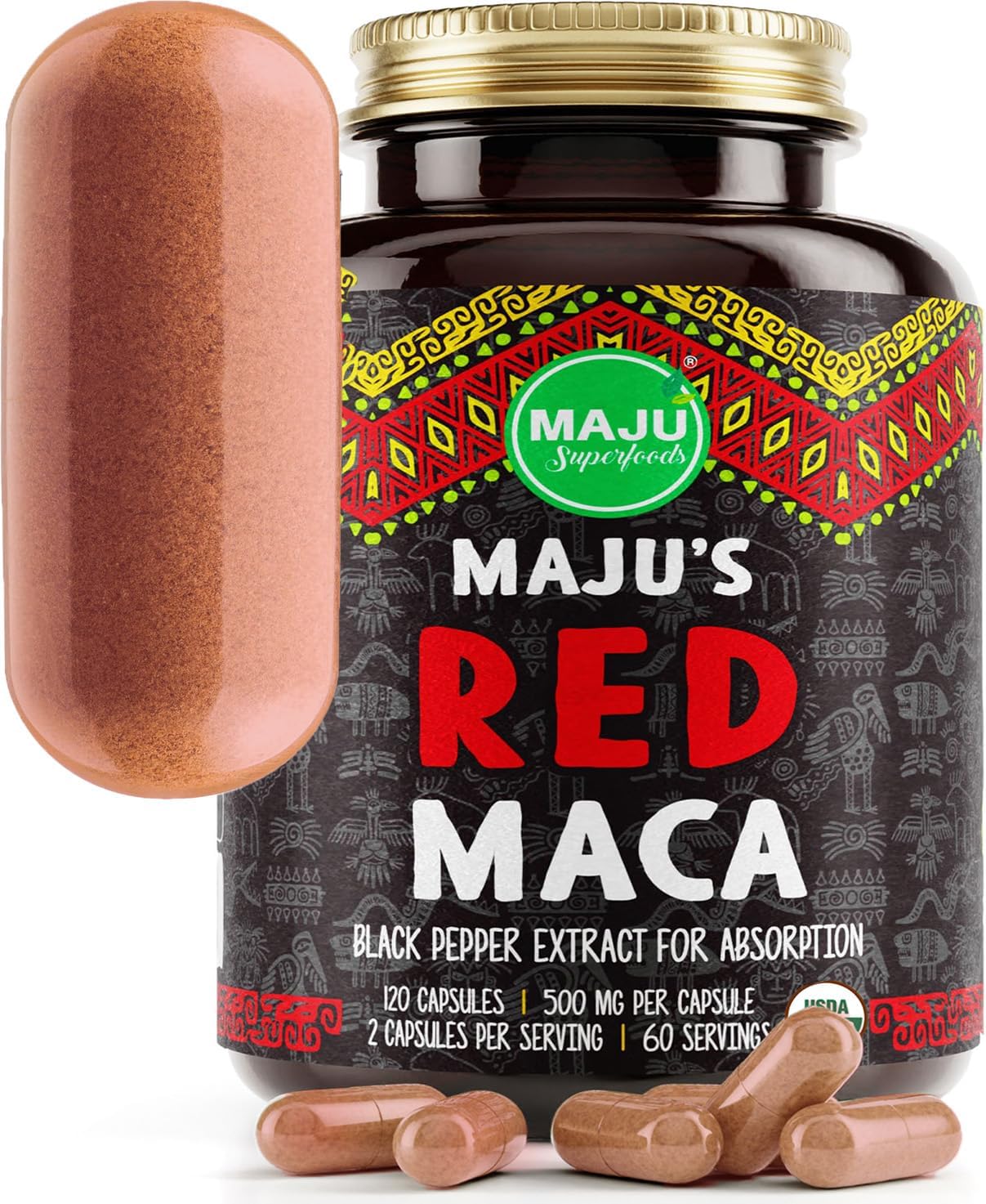 MAJU – Cápsulas orgánicas de raíz de maca roja de 120 unidades, píldoras de refuerzo de nutrición enfocadas en mujeres, aumento de muslos, polvo en