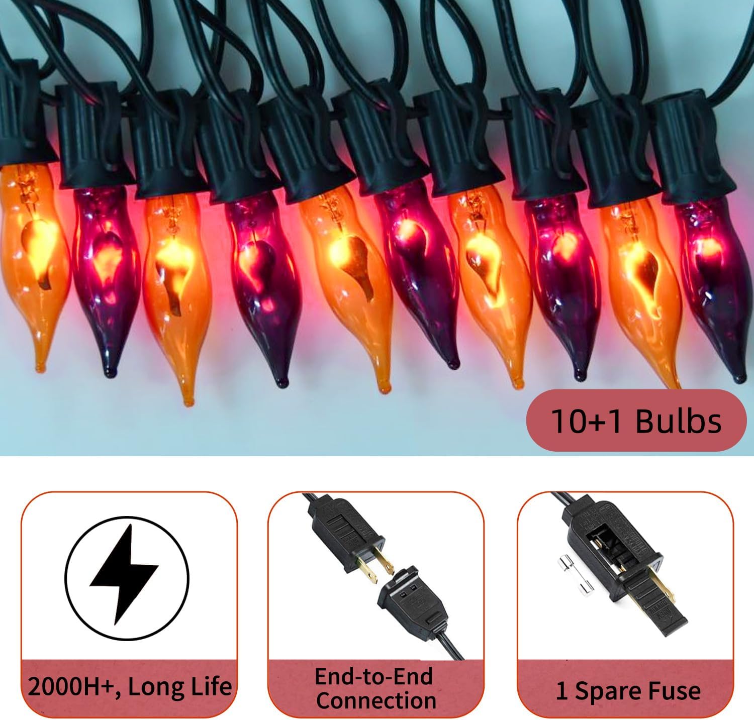 PASUTO Luces de Halloween naranjas y moradas, tira de luces de llama parpadeante, 12.8 pies, para interiores y exteriores, luces de Halloween C7,