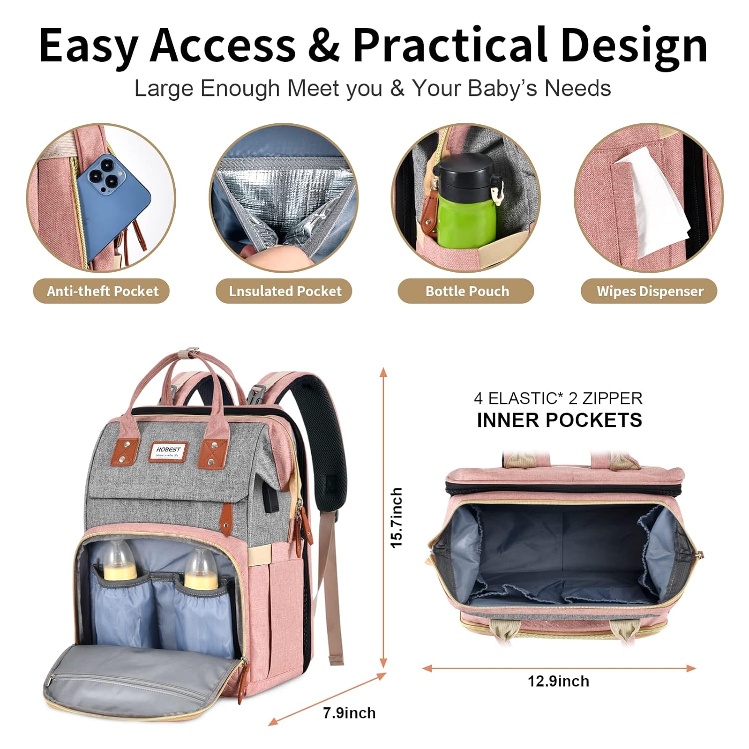 Mochila para pañales, bolsa de pañales de viaje grande multifunción con cambiador y puerto de carga USB para mamás papás, bolsa de bebé unisex