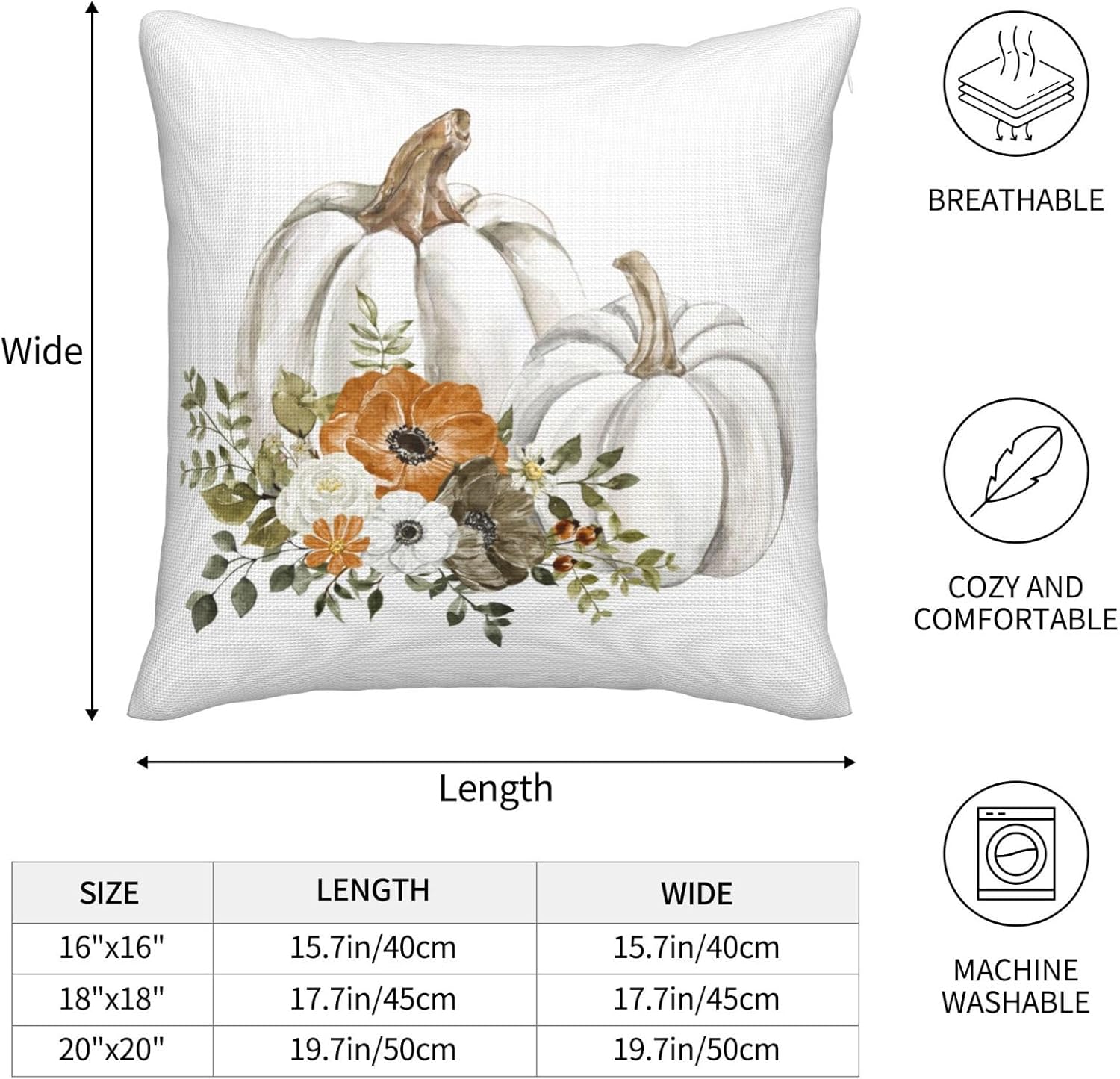 Juego de 2 fundas de almohada decorativas de otoño de 16 x 16 pulgadas, diseño de calabazas grises y blancas, flores naranjas, cosecha de Acción de