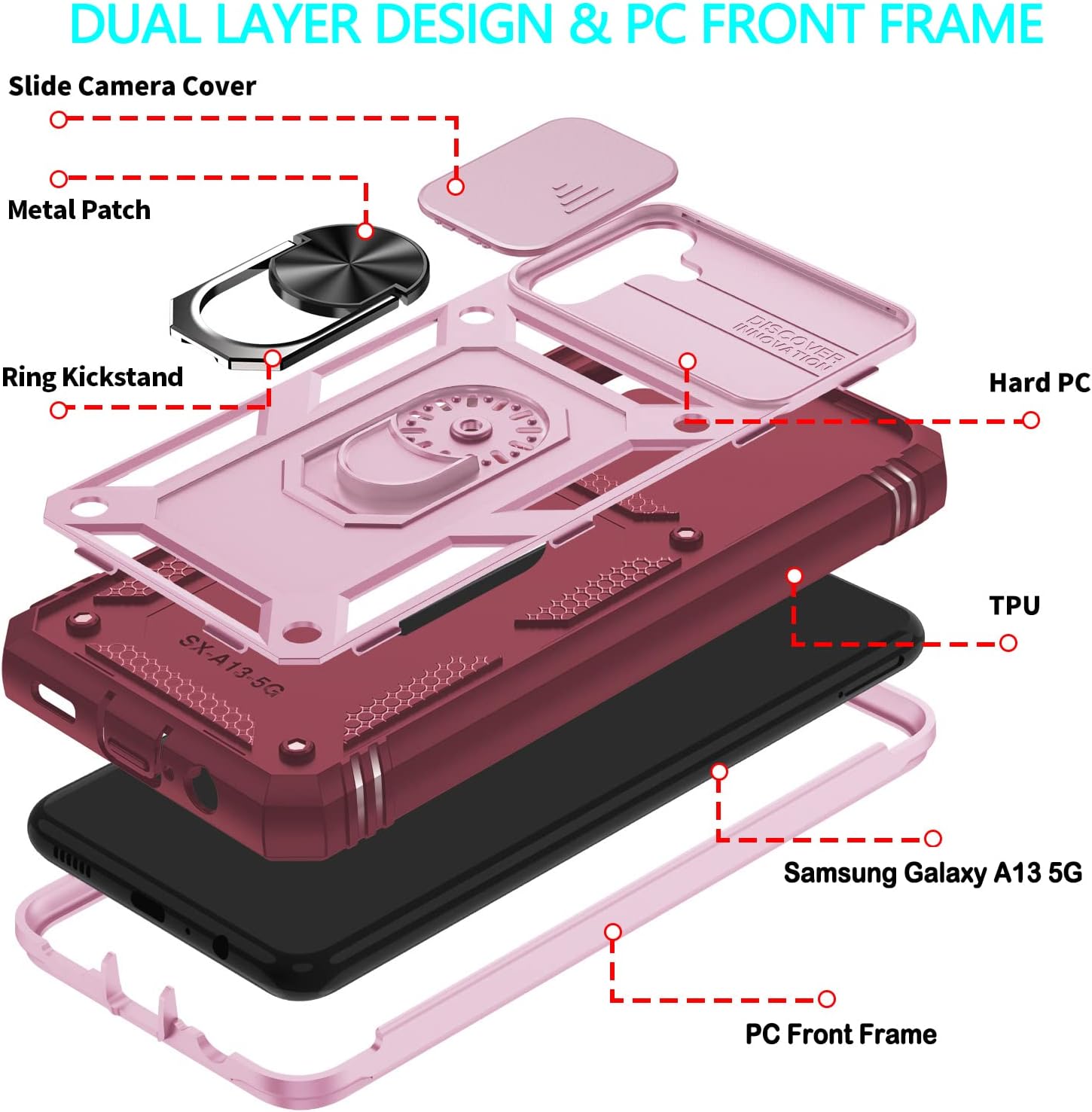 Funda para Samsung Galaxy A04S, Galaxy A13 5G con 3 protectores de pantalla de vidrio templado, soporte de anillo integrado + cubierta de cámara,