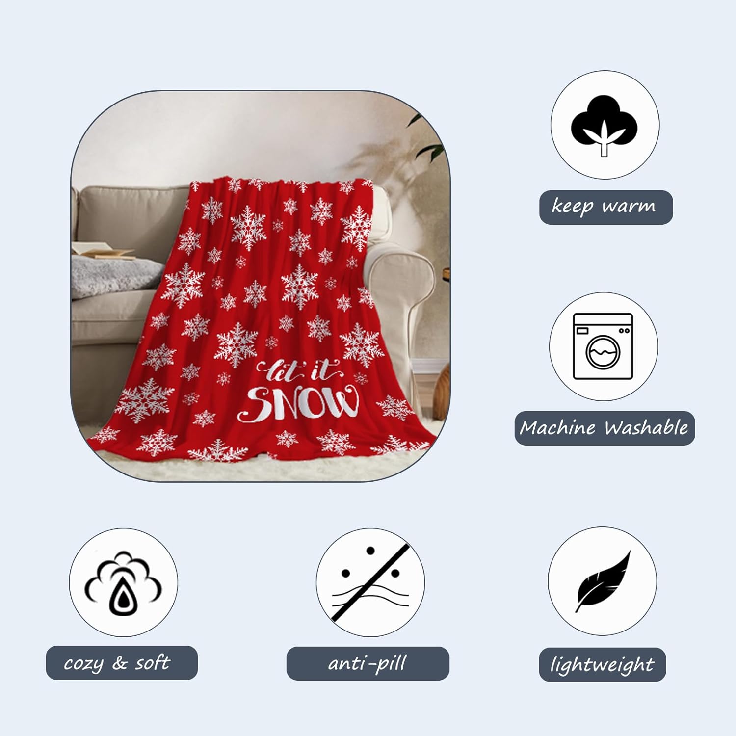 Neatee Living Manta decorativa de Navidad, tamaño individual, manta de invierno de Navidad con copos de nieve para sofá cama, manta suave y ligera