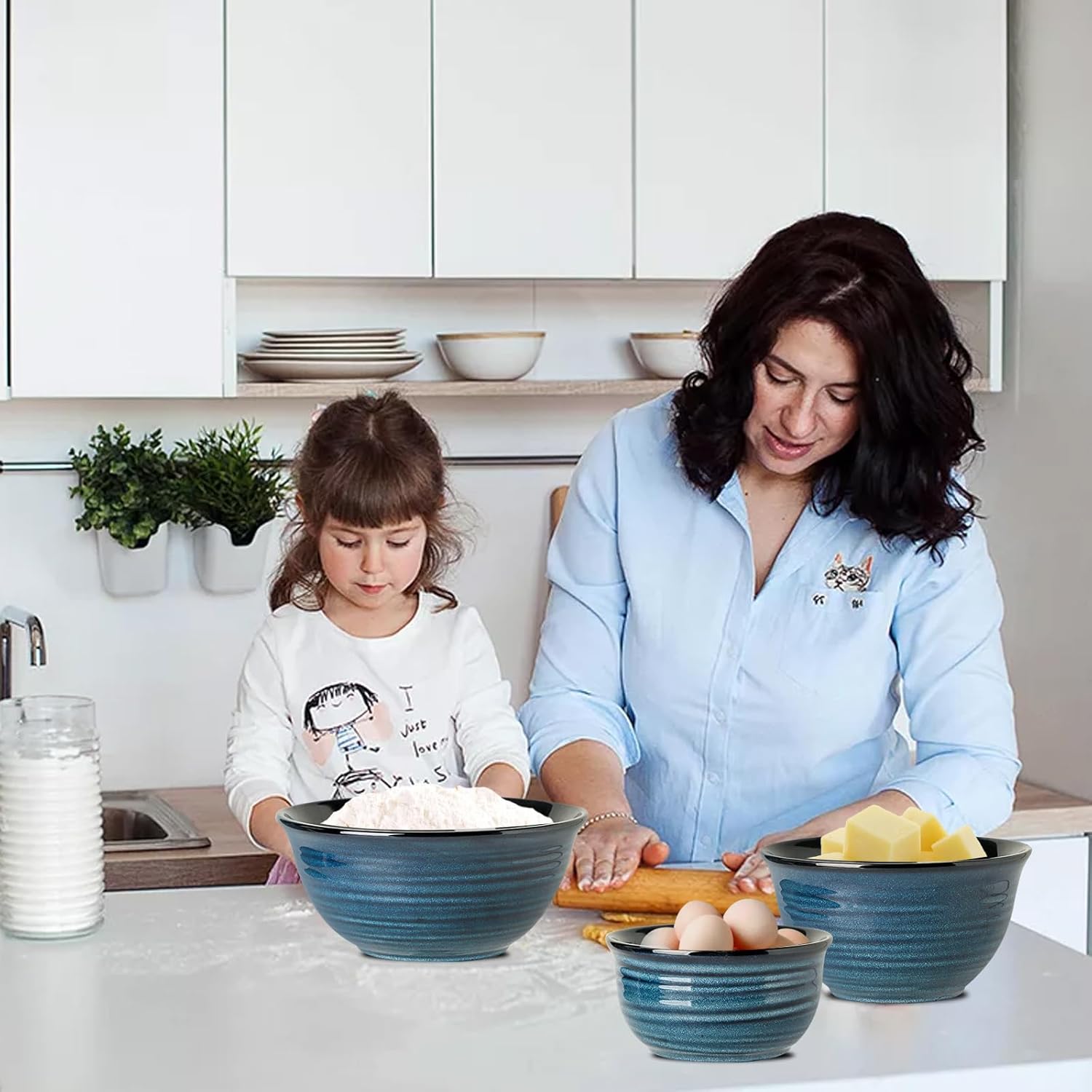 Tikooere – Juego de 3 cuencos de cerámica para cocina, cuencos anidables grandes para cocinar, hornear, platos versátiles para almacenamiento de
