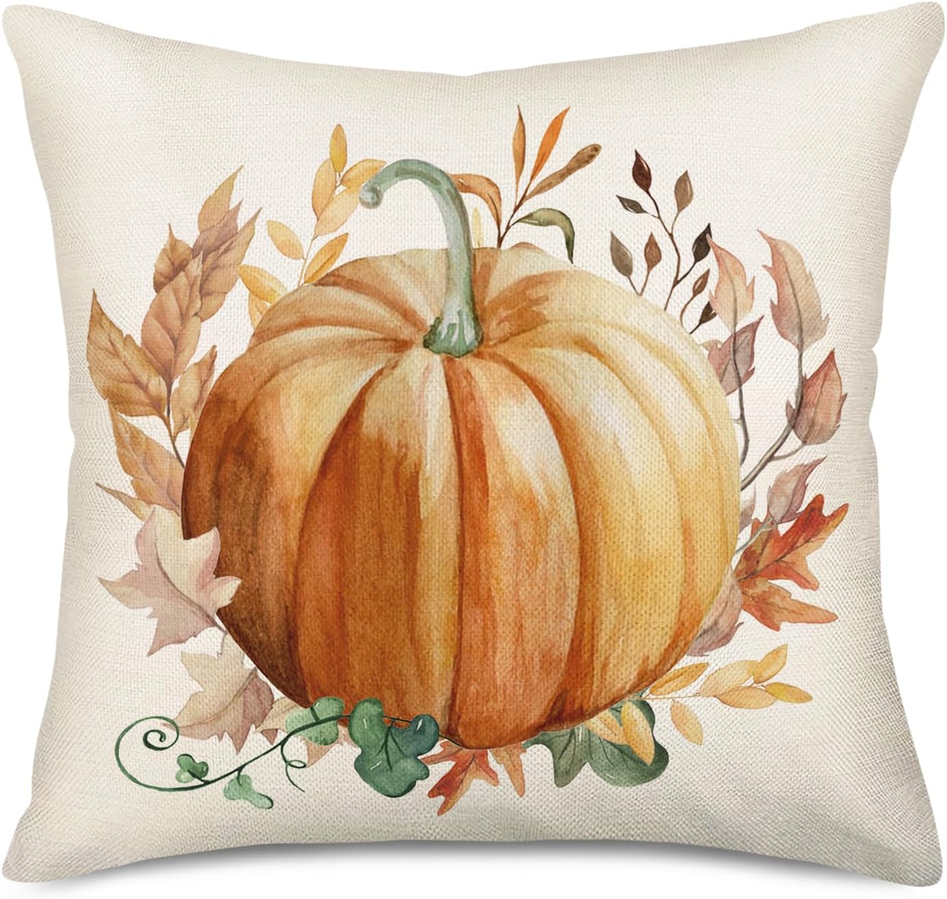 Funda de almohada de otoño de 18 x 18 pulgadas, calabaza naranja, acuarela, hojas de arce, corona, cosecha, decoración de casa de campo para el
