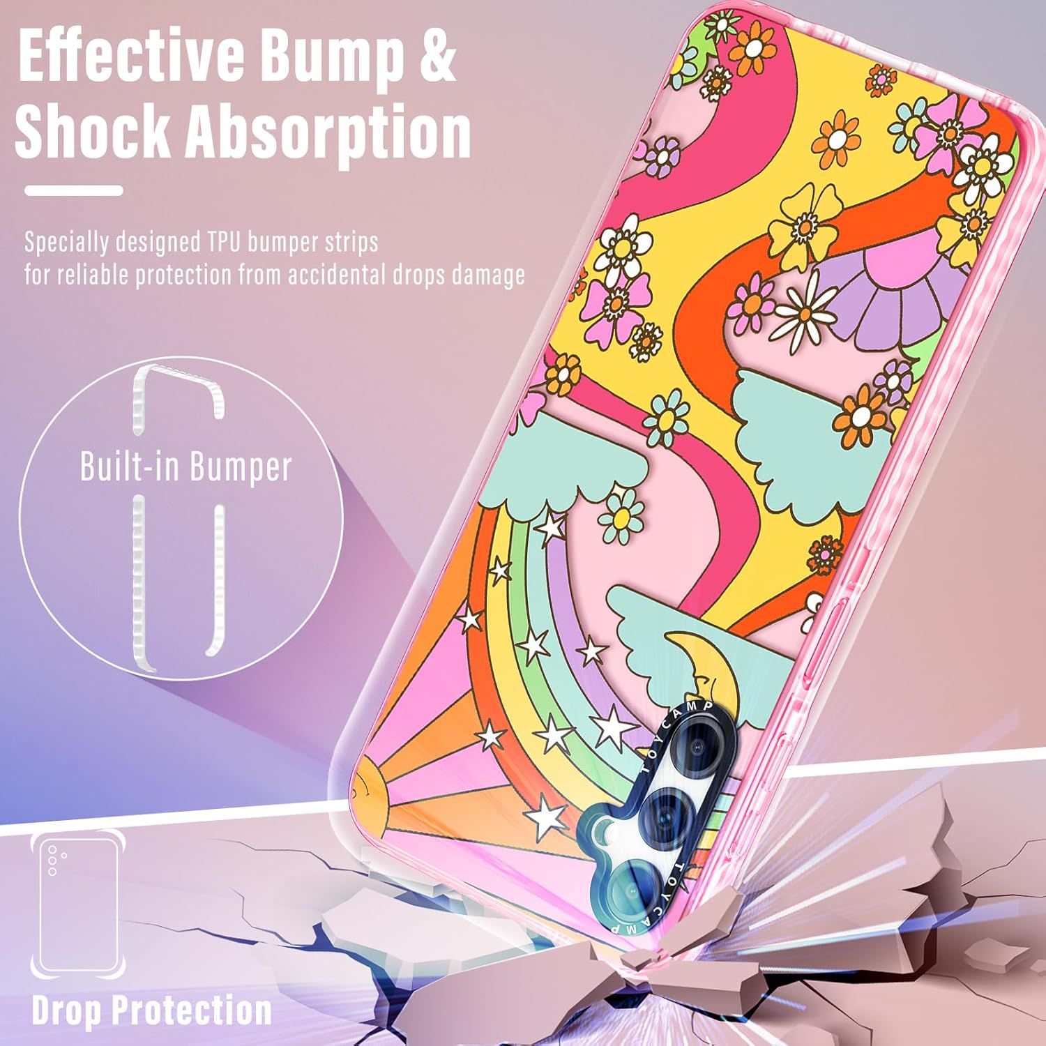 Toycamp Funda para teléfono Galaxy A54 0.18 oz con soporte de anillo lindo arco iris, sol, luna, río, flores, diseño de grafiti de dibujos animados,