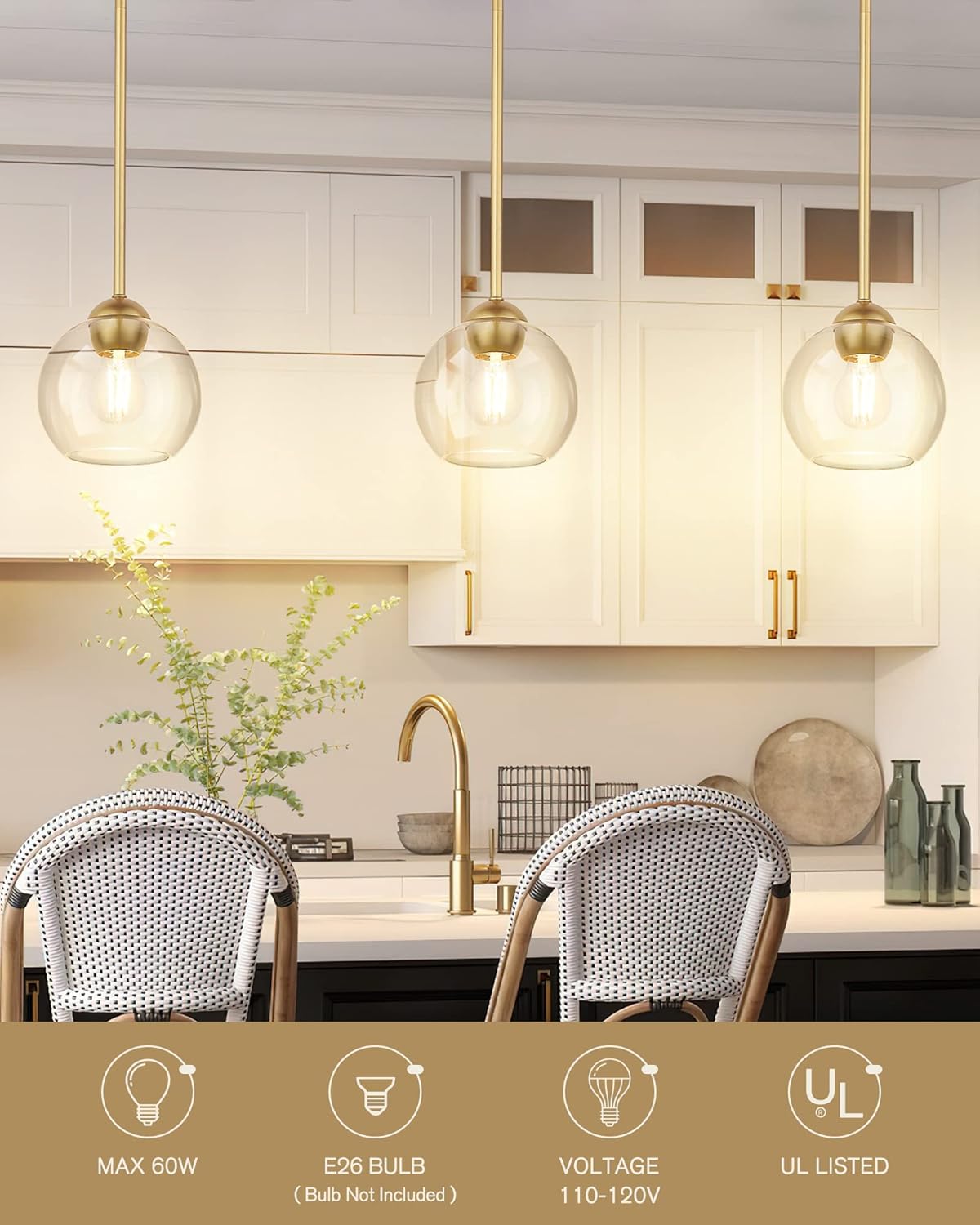 Emak Modernas lámparas colgantes doradas, luces colgantes de globo de 7 pulgadas con vidrio transparente, 1 luz colgante para isla de cocina, baño,