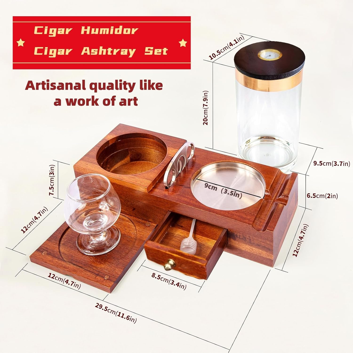 KING’S PALACE Humidor de cigarros y cenicero de cigarros con posavasos, humidificador, higrómetro, cortador de puros, cajón con anillos de tracción,