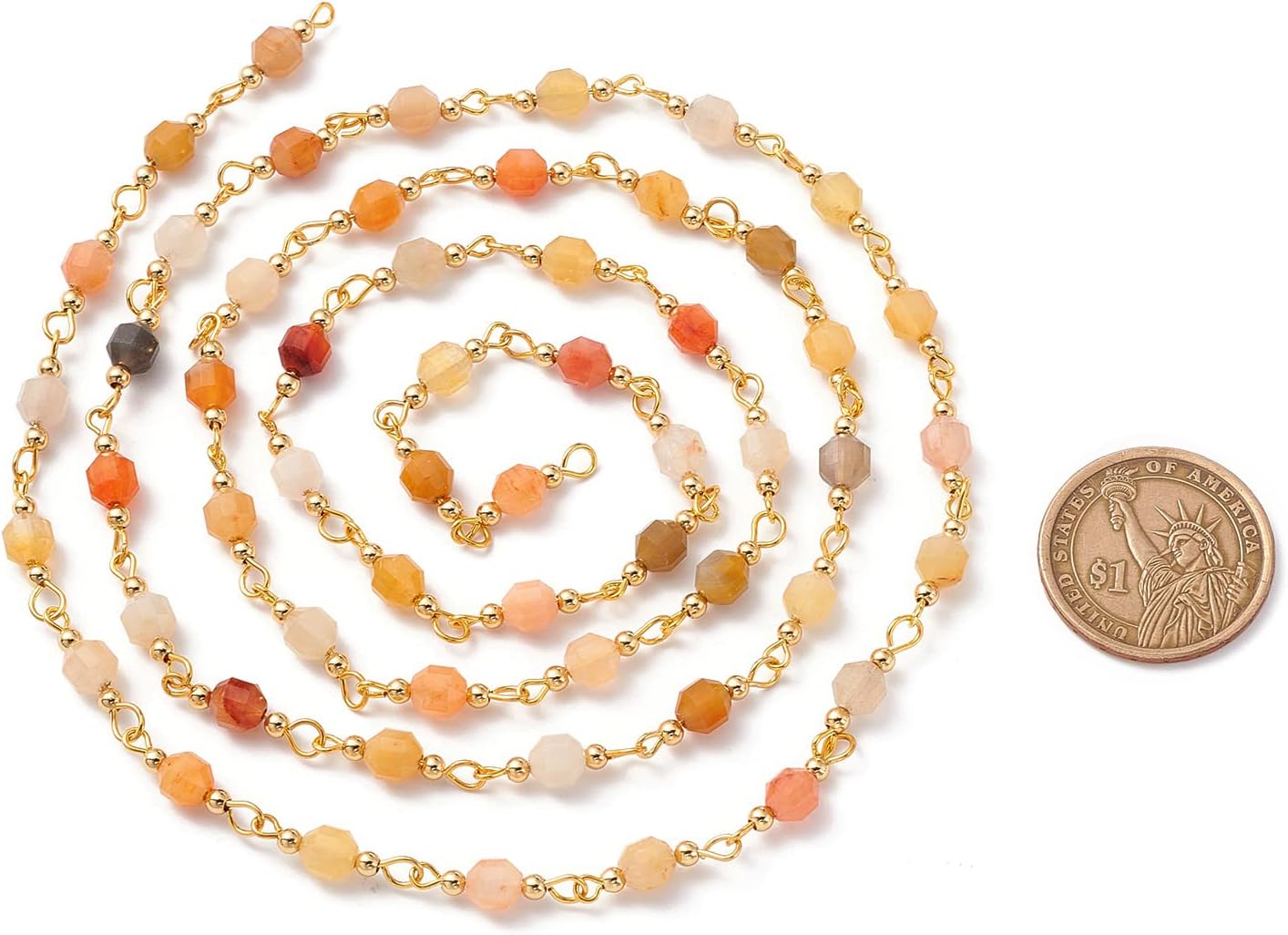 Cadena de cuentas de gemas naturales de 1 hebra, cadena de cuentas de jade natural de topacio natural, cadena hecha a mano con cuentas de latón para