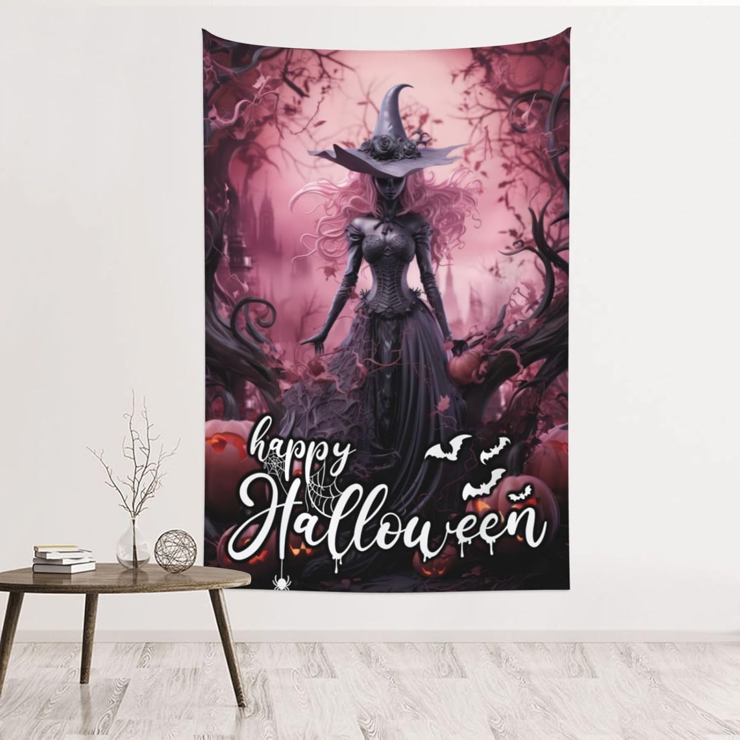 Tapiz decorativo de pared de Halloween, de 80 x 60 pulgadas, de color rosa, castillo de Halloween, decoración para colgar en la pared, tapiz