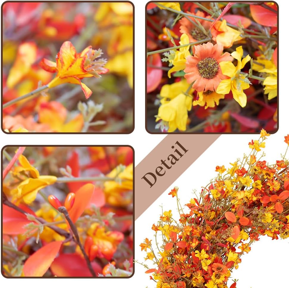 Corona de otoño de 22 pulgadas para puerta delantera, corona de otoño artificial de eucalipto naranja con margaritas jazmín, corona de otoño para