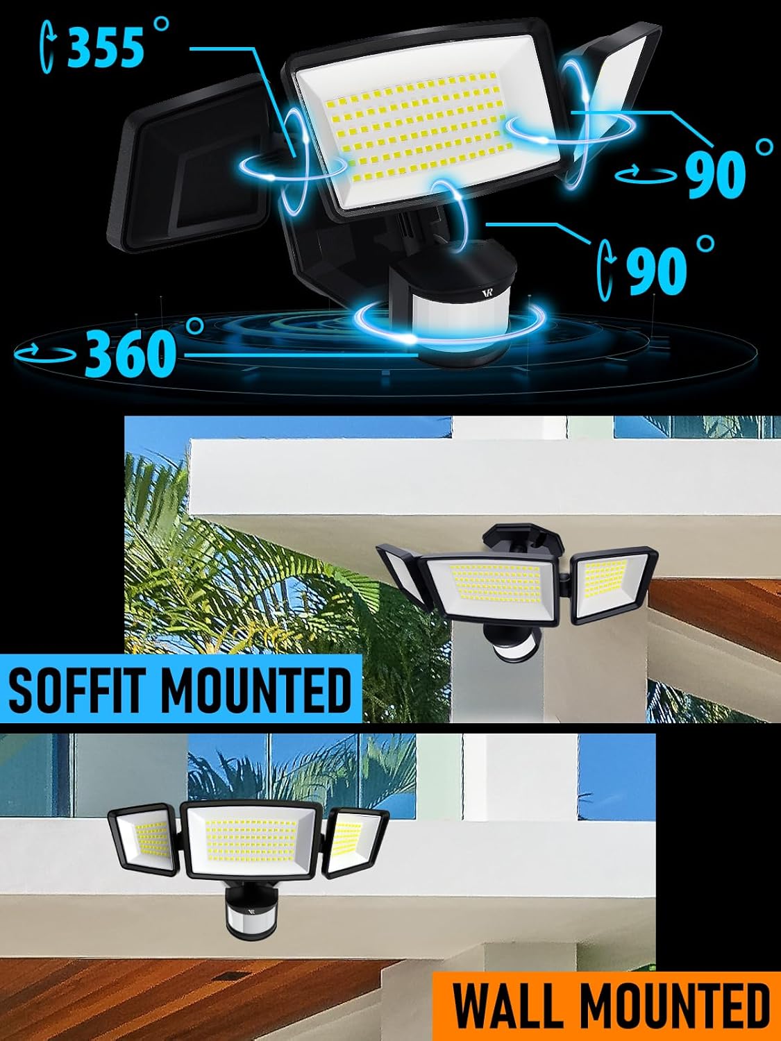Luces para exteriores con sensor de movimiento, 48 W, 5000 lúmenes, 6500 K, 4 modos de iluminación, detección de movimiento de 180, impermeable