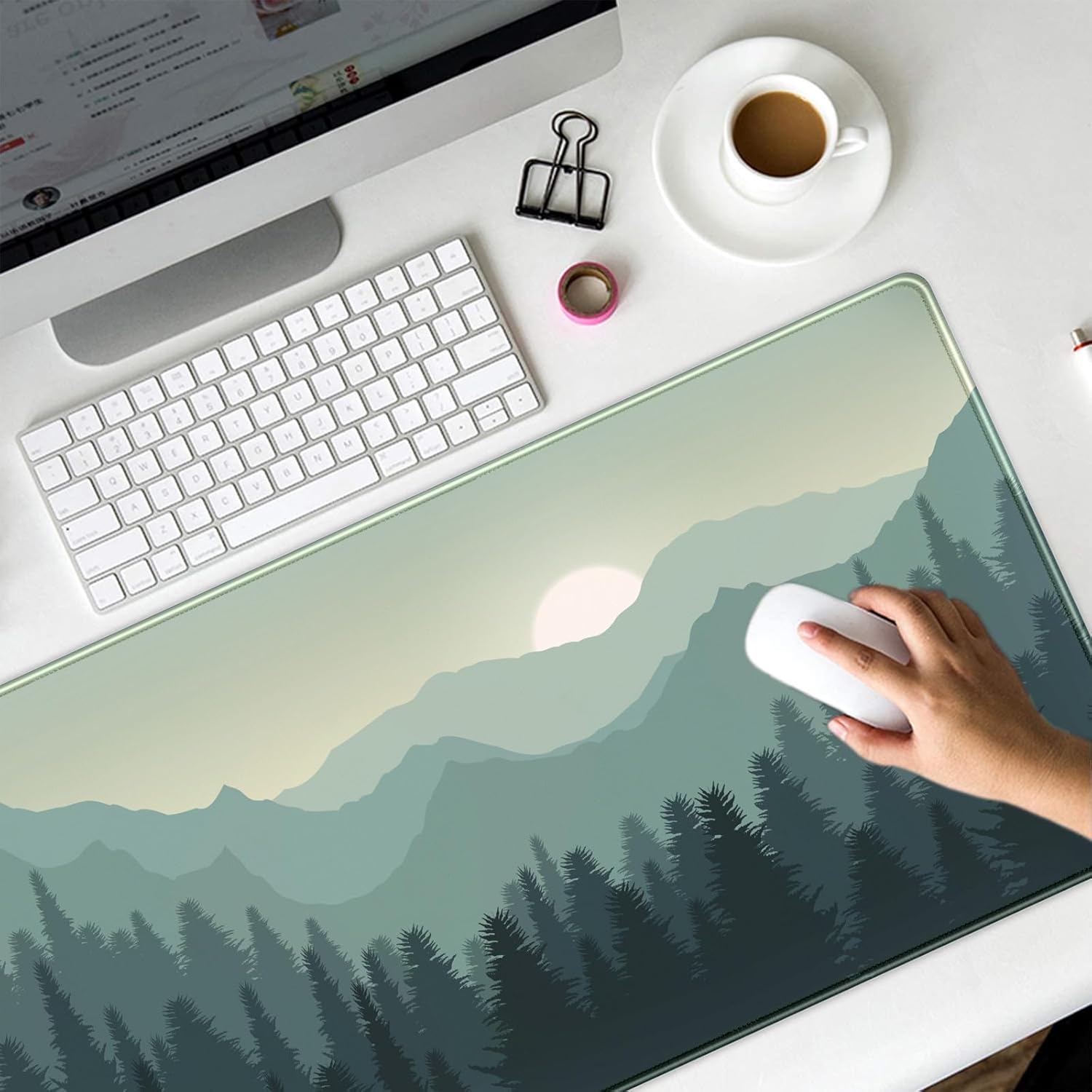 Tapete de escritorio de bosque, grande, XXL, extendido, grande, para juegos, puesta de sol, montañas, paisaje, naturaleza, tapete para teclado,