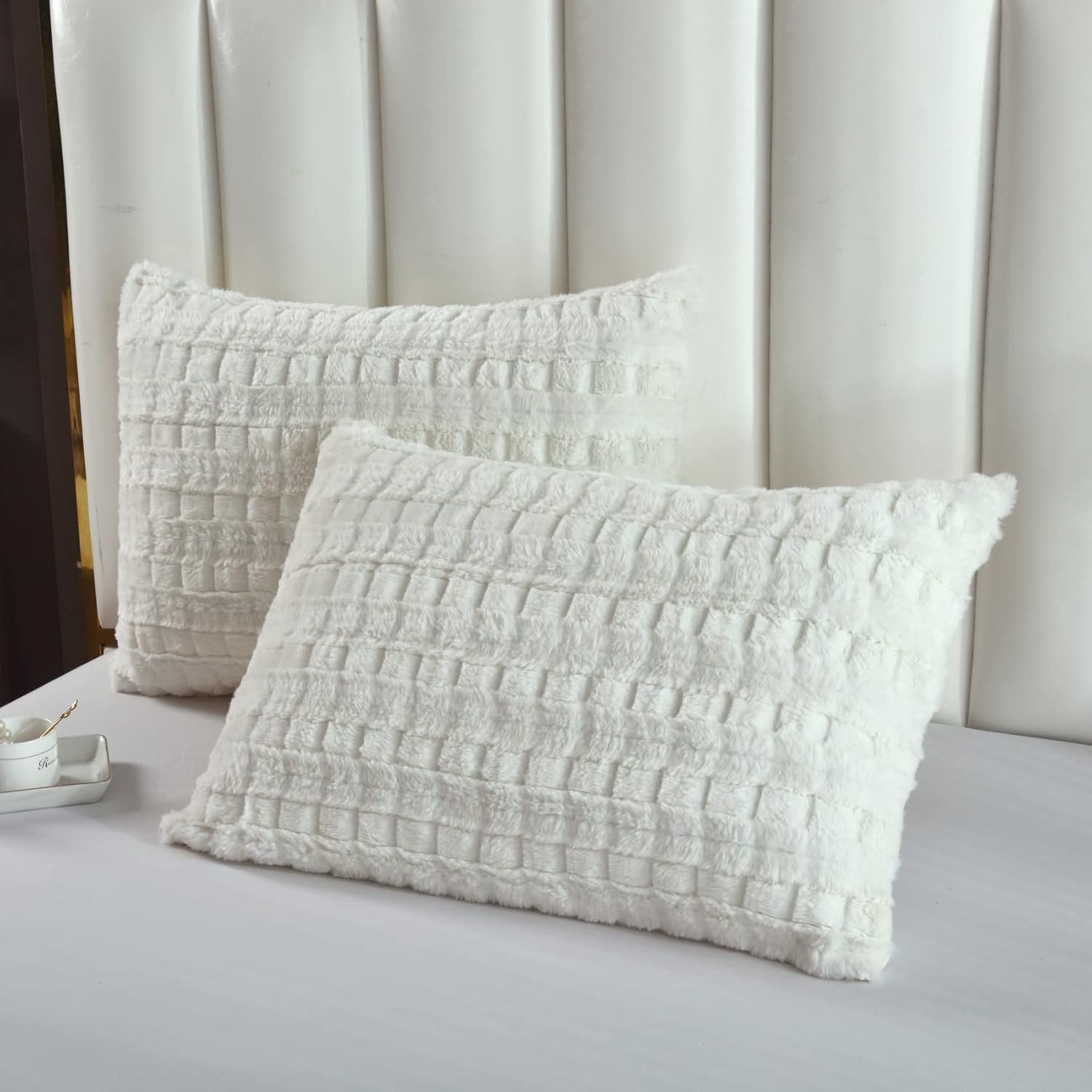 Funda de almohada de piel sintética esponjosa a cuadros, fundas de almohada decorativas de felpa esponjosa (King, beige)