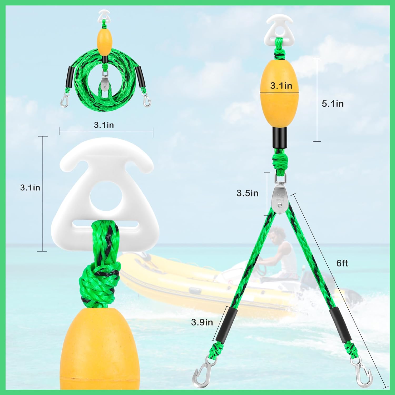 Arnés de remolque autocentrante para deportes acuáticos con bola de espuma, arnés de remolque de barco resistente con 2 jinetes permanentes de acero