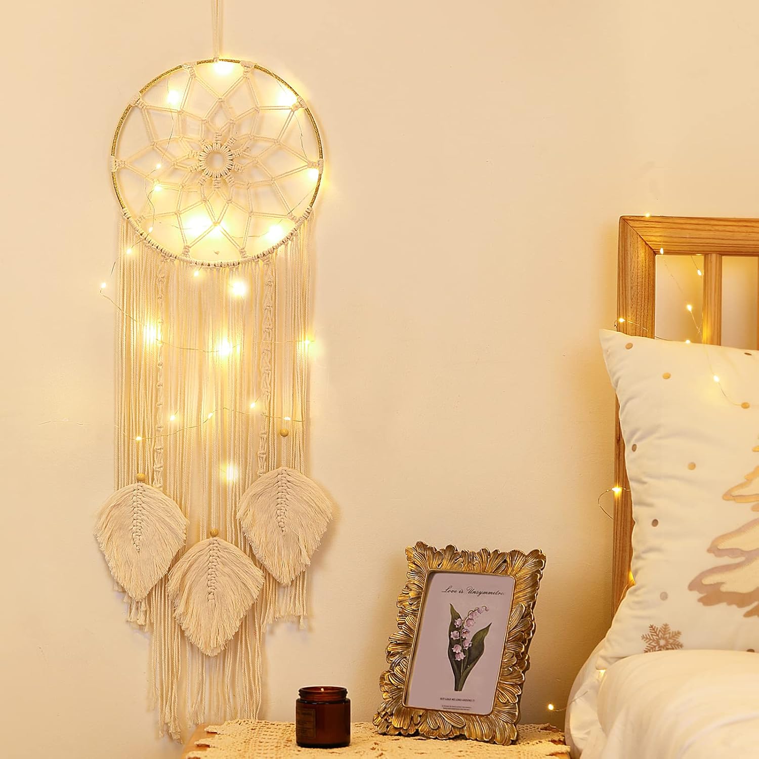 Shinowa Atrapasueños, macramé de algodón para colgar en la pared, atrapasueños con luces de hadas, atrapasueños bohemio para dormitorio de adultos,