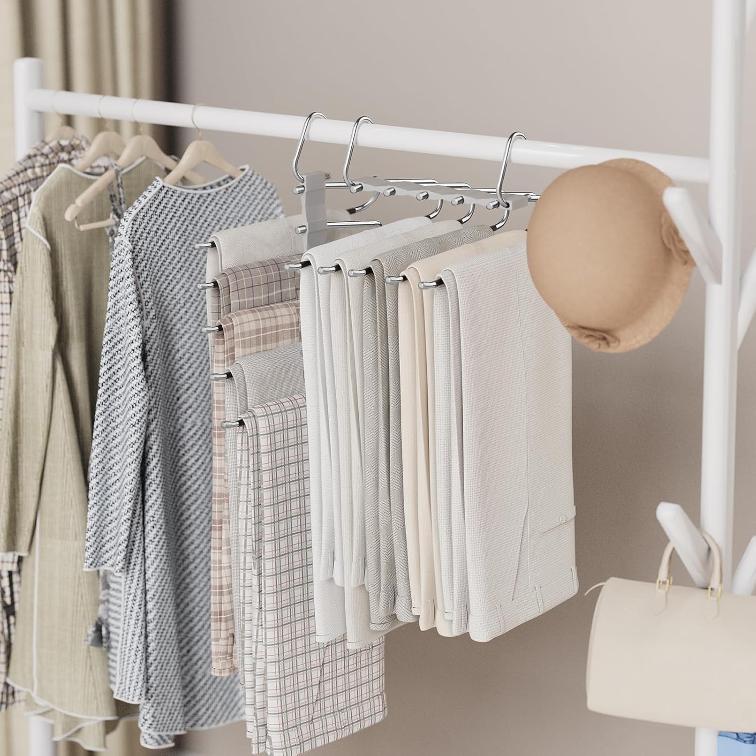 Loretoy Paquete de 4 perchas para pantalones que ahorran espacio, estante multifuncional antideslizante para pantalones, tubo de acero inoxidable