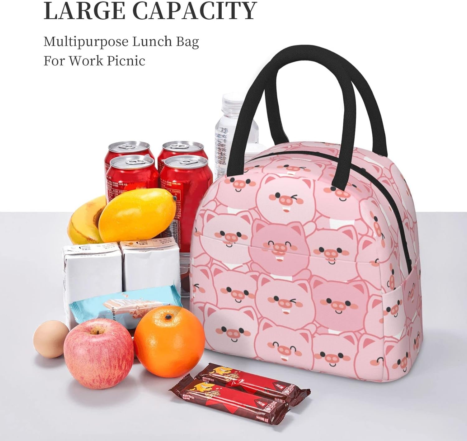Linda bolsa de almuerzo de cerdo rosa con dibujos animados, caja de comida preparada con aislamiento, contenedor de almuerzo reutilizable