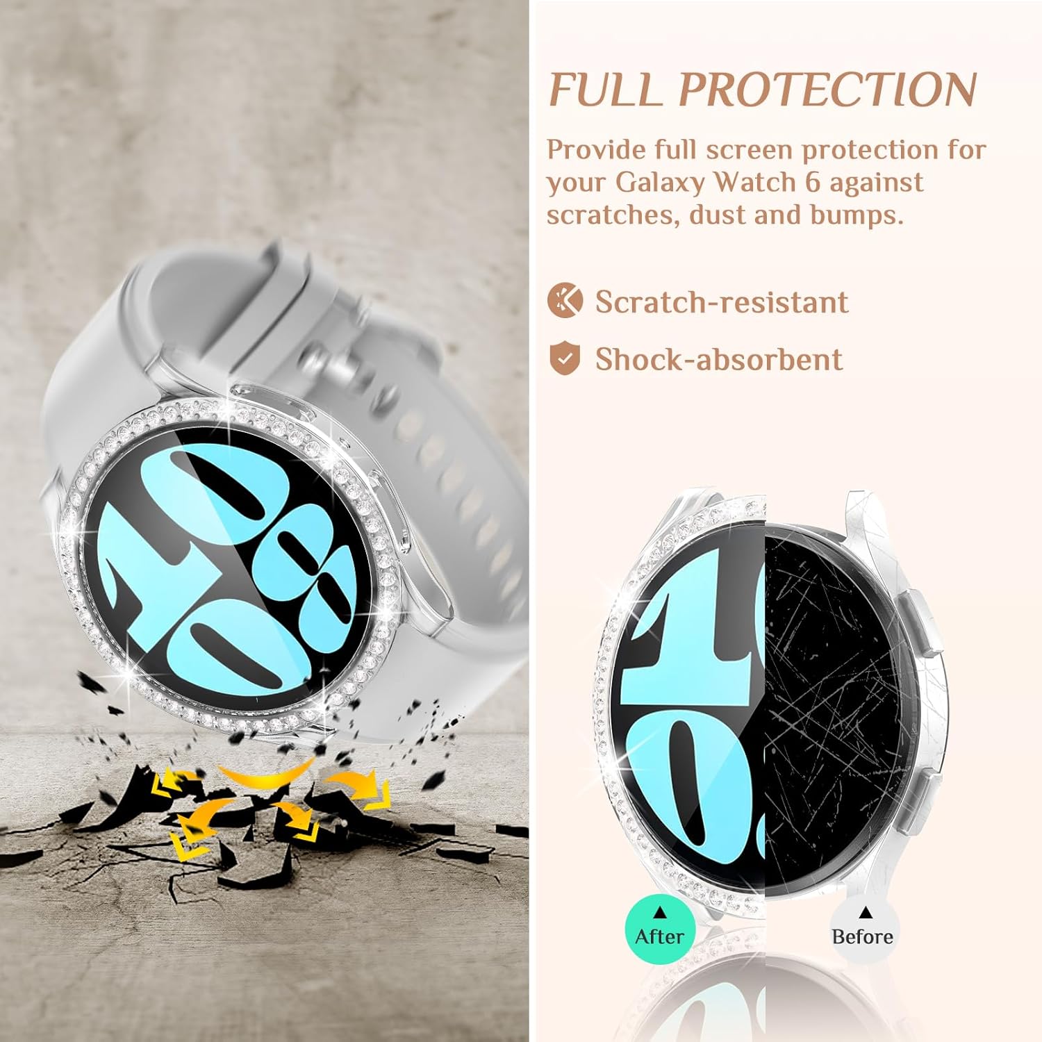 Goton Paquete de 3 fundas brillantes para Samsung Galaxy Watch 6, protector de pantalla de 1.732 in, vidrio templado con purpurina de diamante para