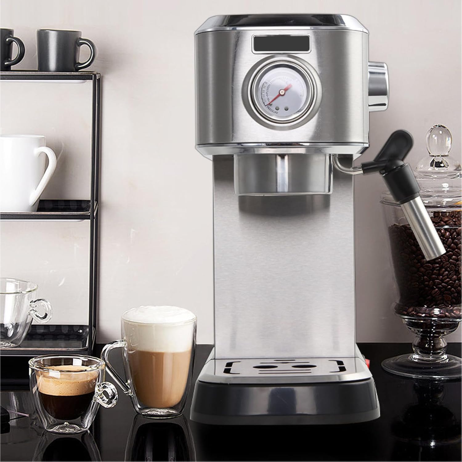 Máquina de café expreso de 15 barras con vaporizador de leche, máquina de café Home Expresso para capuchino y café con leche (plata, acero