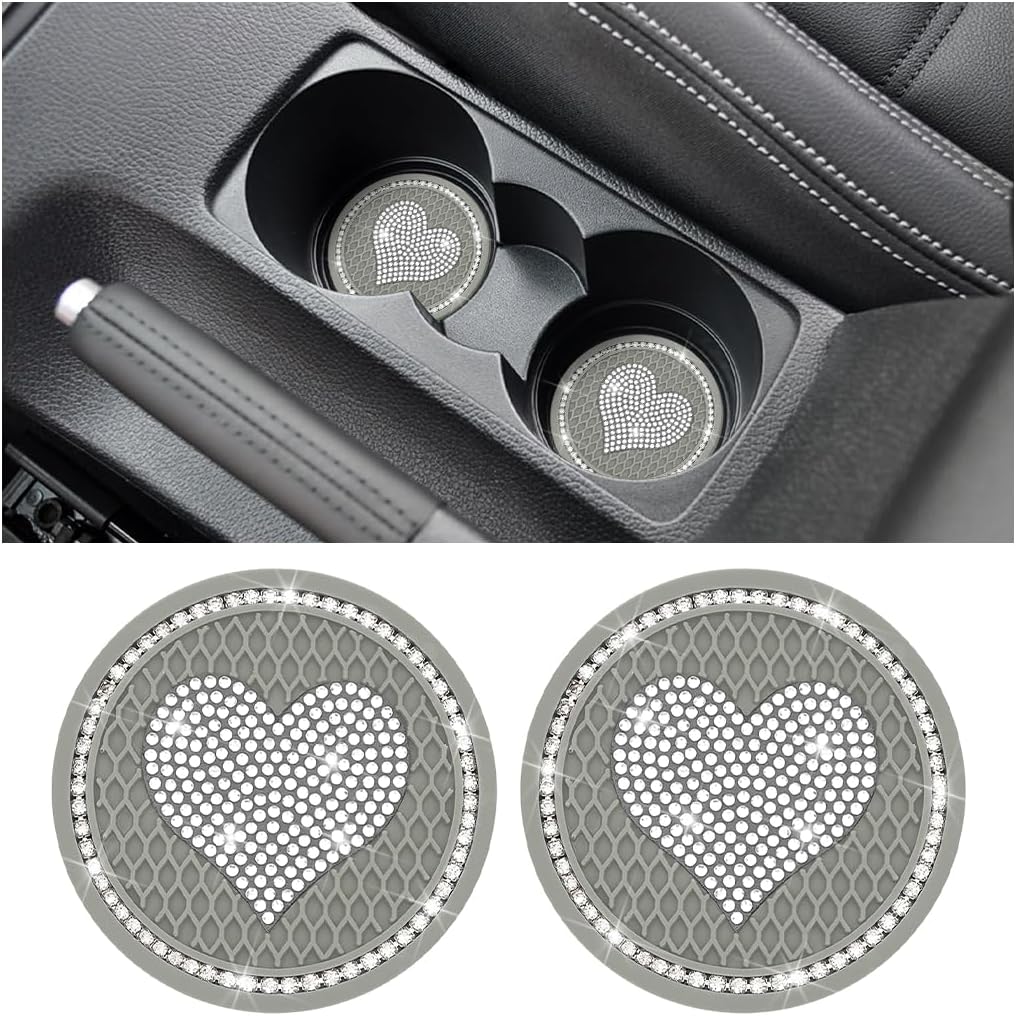 AICEL Posavasos para automóvil con diseño de corazón, 2 unidades, universales, de 2.75 pulgadas, con diamantes de imitación brillantes, tapete
