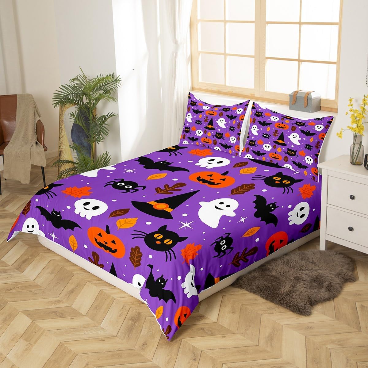 Funda de edredón de Halloween, murciélagos, decoración de Halloween, tela de araña fantasma, juego de ropa de cama gótica, funda de edredón de gato
