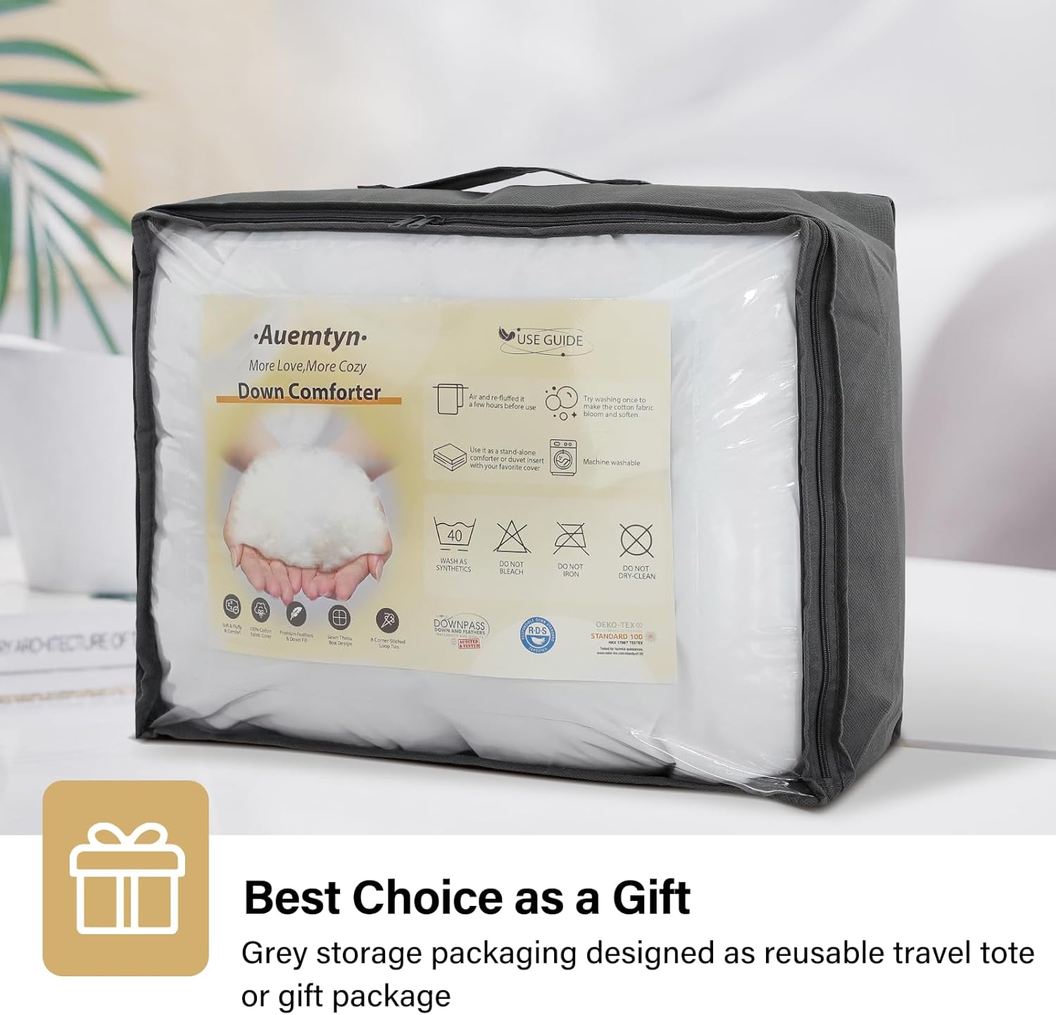 Auemtyn Edredón de plumas tamaño individual, relleno de edredón blanco individual con relleno de plumón esponjoso de 49 onzas, funda 100% algodón