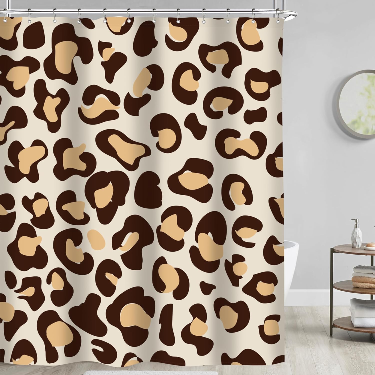Riyidecor Cortina de ducha con estampado de leopardo marrón, diseño abstracto de dibujos animados, guepardo, animal, moderno, simple, minimalista,