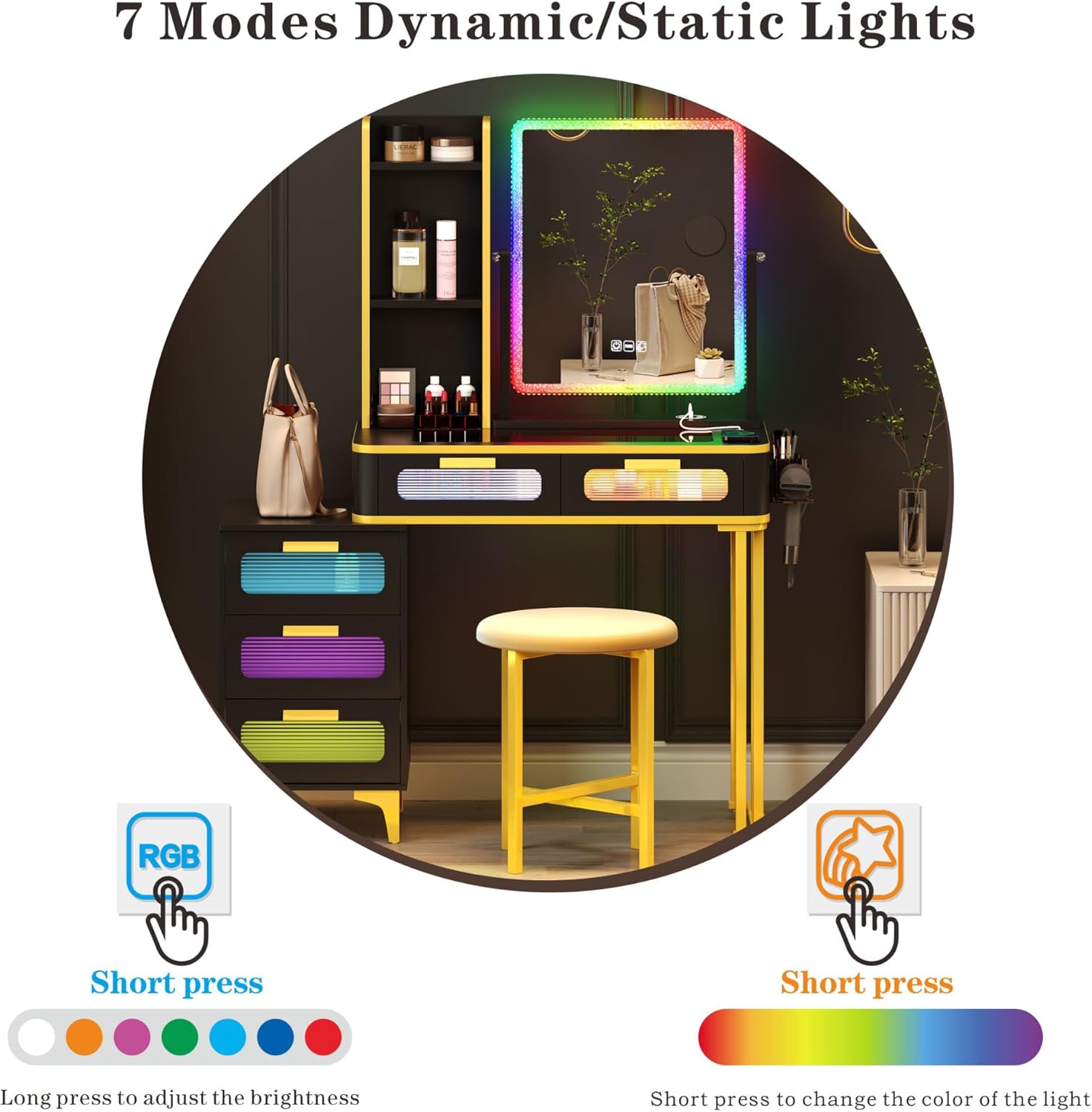 Escritorio de tocador con espejo y luces, mesa de tocador de cristal RGB para maquillaje con estación de carga inalámbrica, tocador para niñas y