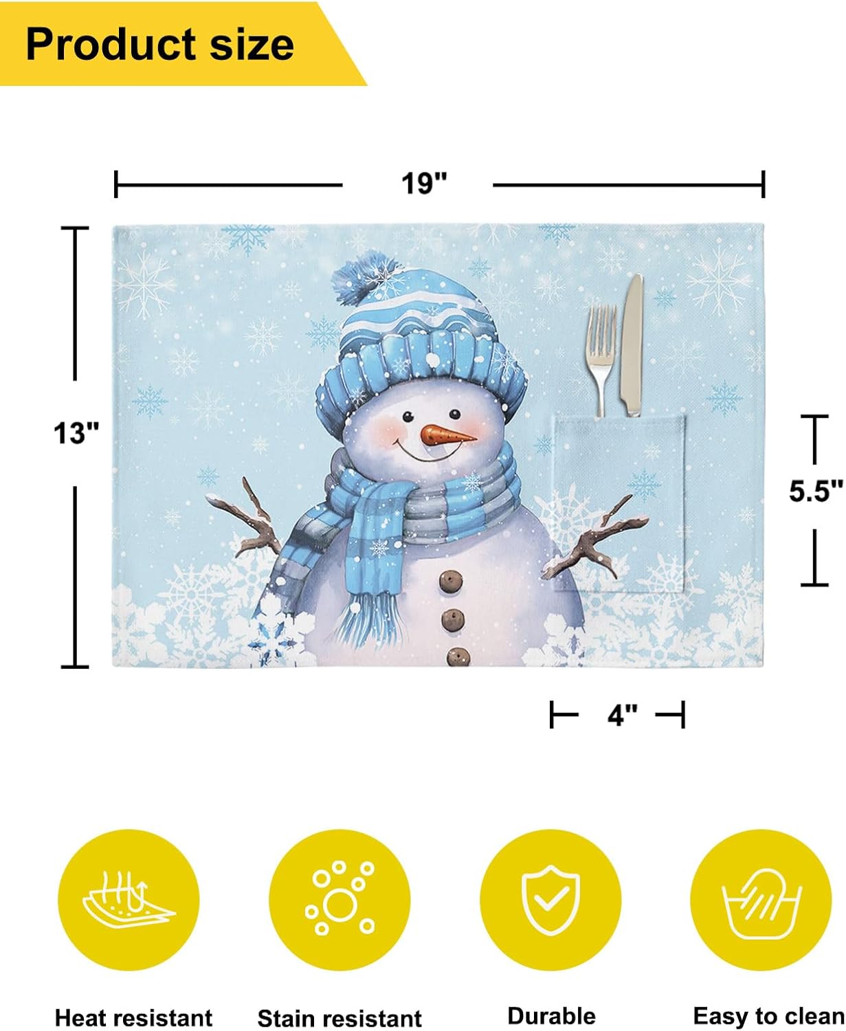 Juego de 4 manteles individuales con diseño de muñeco de nieve, tejido lavable y lavable con bolsillo, mantel de mesa de tela navideña para fiestas,