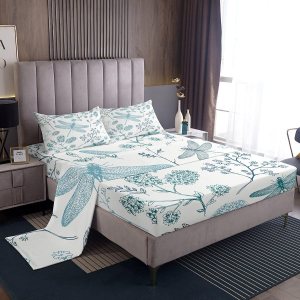 Erosebridal Juego de ropa de cama de libélula tamaño matrimonial, juego de sábanas de hortensias verde azulado con libélula, regalos para mujeres, Erosebridal Juego de ropa de cama de libélula tamaño matrimonial, juego de sábanas de hortensias verde azulado con libélula, regalos para mujeres,