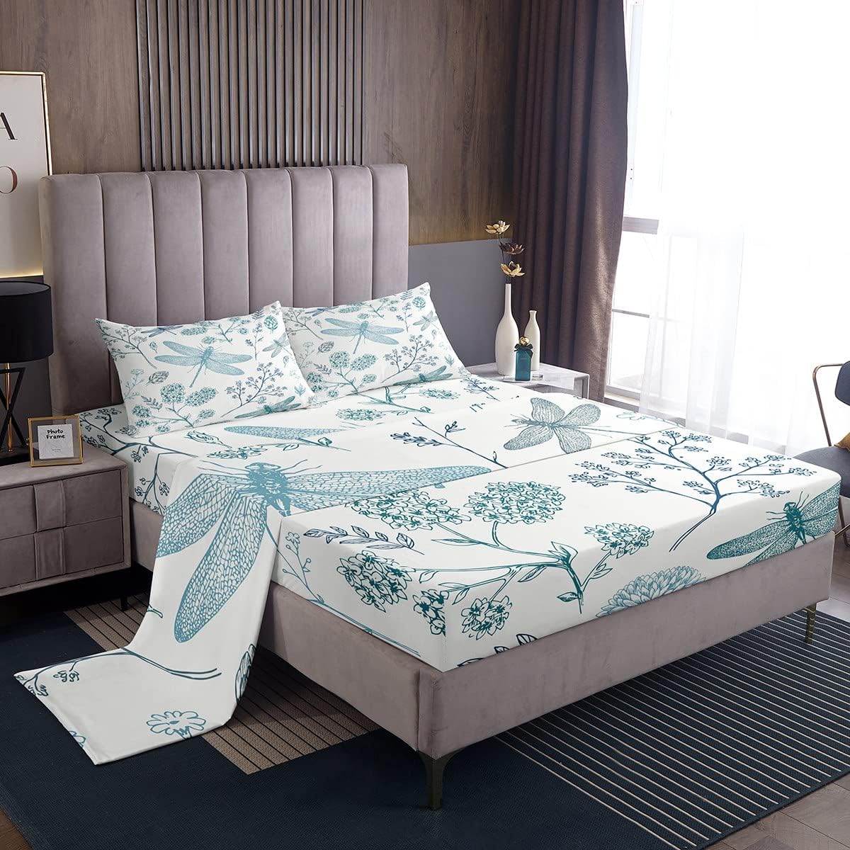 Erosebridal Juego de ropa de cama de libélula tamaño matrimonial, juego de sábanas de hortensias verde azulado con libélula, regalos para mujeres,